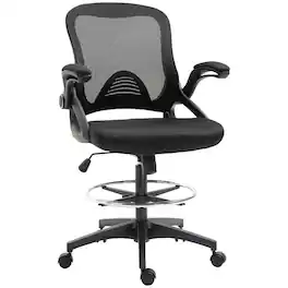 Vinsetto - Mesh Drafting Chair, Tall Office Chair with Lumbar Support, Flip-Up Armrests, Footrest Ring and Adjustable Seat Height - Black