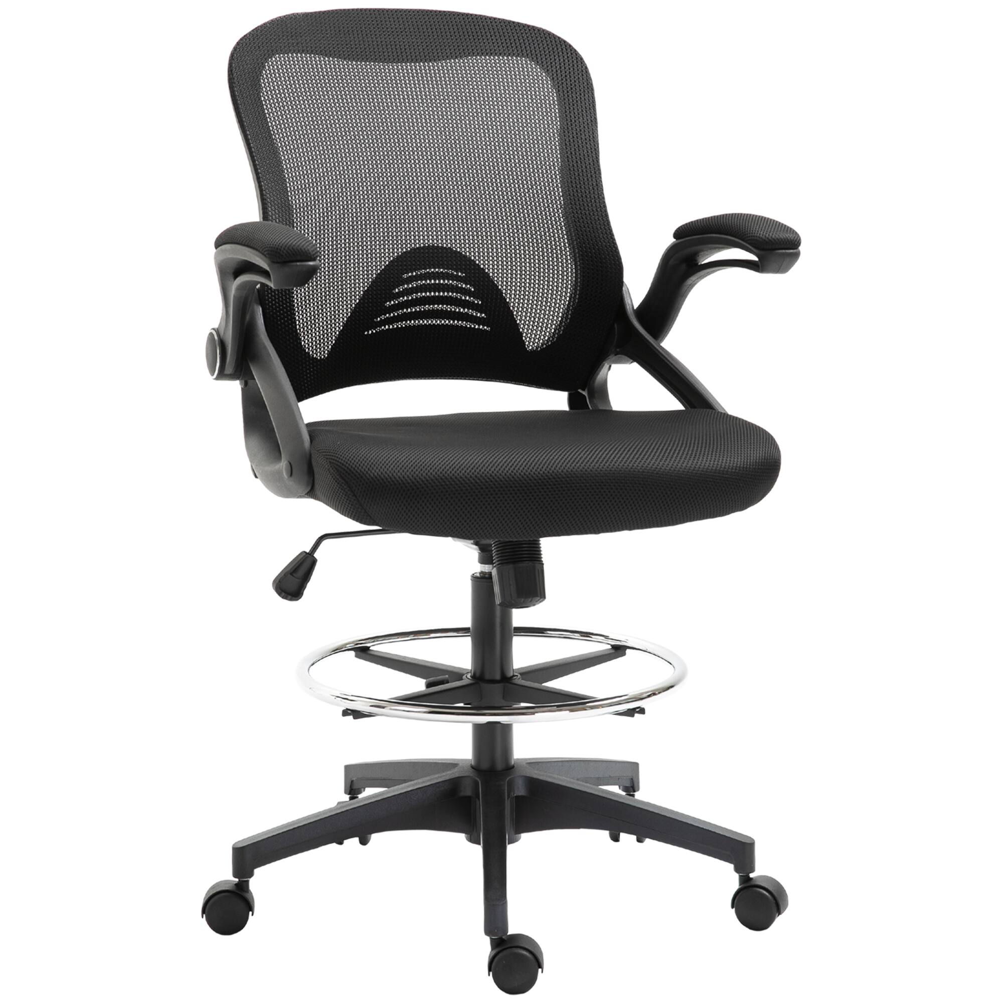 Front. Vinsetto - Mesh Drafting Chair, Tall Office Chair with Lumbar Support, Flip-Up Armrests, Footrest Ring and Adjustable Seat Height - Black.