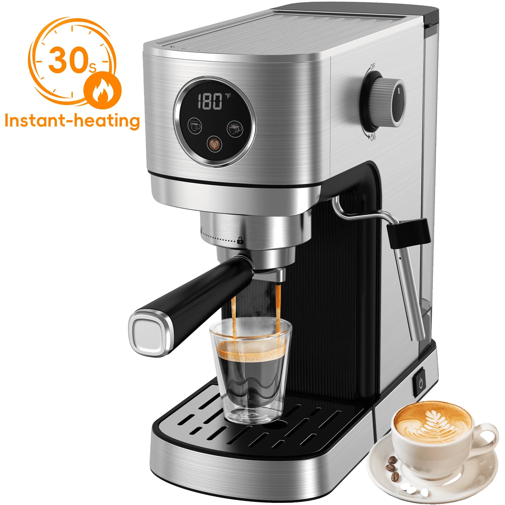 WHALL - 20 Bar Touchscreen Espresso Machine with Milk Frother Steam Wand - Brew Perfect Lattes & Espresso at Home - Silver