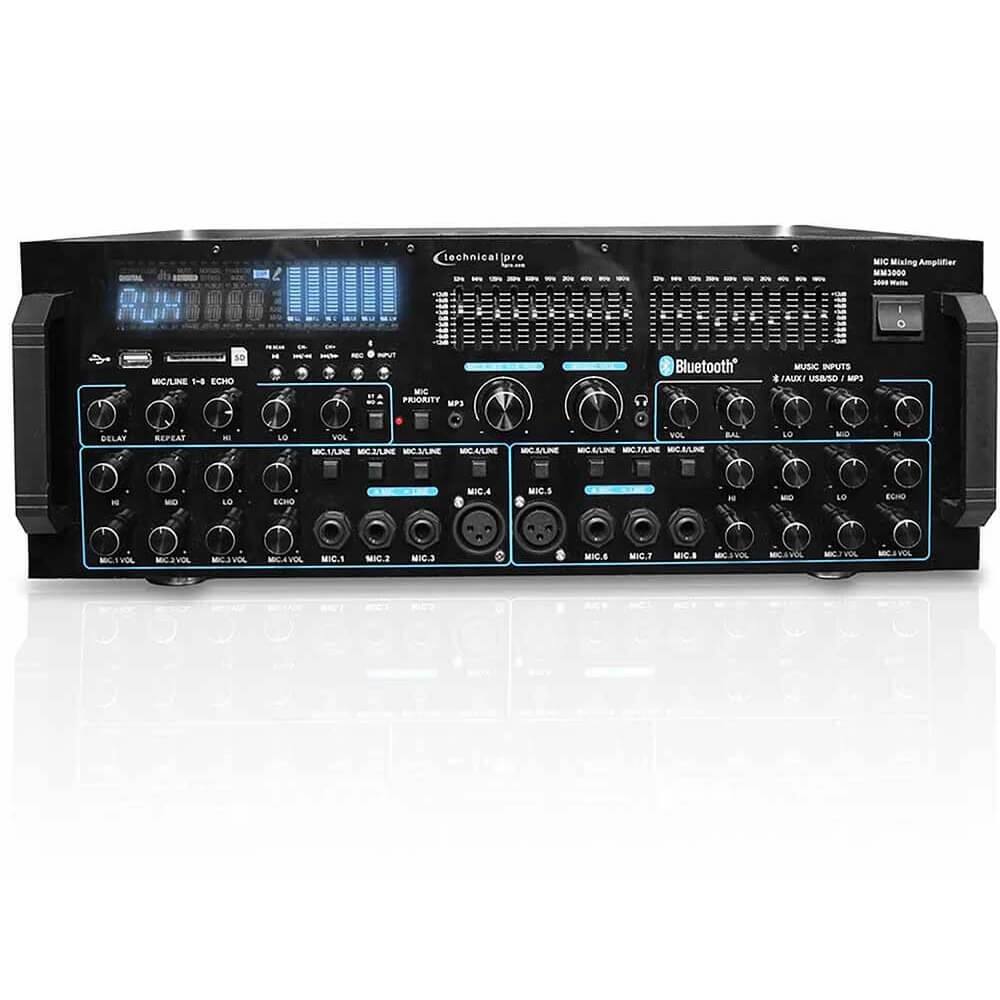 Technical Pro  
MIC Mixing Amplifier DS-8  
800 Watts  

Bluetooth  
MUSIC INPUTS  
AUX/USB/SD/MP3  

MIC/LINE 1-8 ECHO  
DELAY  
REPEAT  
VOL  
BAL  
LO  
MID  
HI  
ECHO  

MIC/LINE 1-8  
MIC 1 VOL  
MIC 2 VOL  
MIC 3 VOL  
MIC 4 VOL  
MIC 5 VOL  
MIC 6 VOL  
MIC 7 VOL  
MIC 8 VOL  

MIC PRIORITY WPS  

MIC/LINE 1-4  
MIC/LINE 5-8  

MIC/LINE 1-4  
MIC/LINE 5-8  

MIC/LINE 1-4  
MIC/LINE 5-8  

MIC/LINE 1-4  
MIC/LINE 5-8  

MIC 1  
MIC 2  
MIC 3  
MIC 4  
MIC 5  
MIC 6  
MIC 7  
MIC 8  

VOL  
BAL  
LO  
MID  
HI  
ECHO