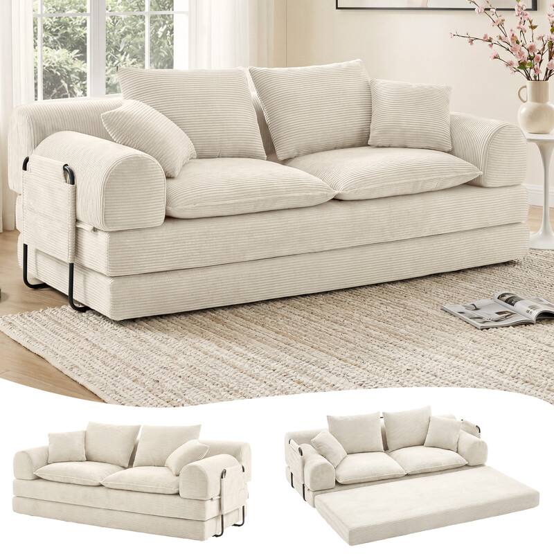 Left. Dyonery - Dyonery 79" Boneless Loveseat Sofa Bed ,Corduroy Convertible Futon Couch, Foldable Floor Sleeper with Foam & Pillow - Beige.