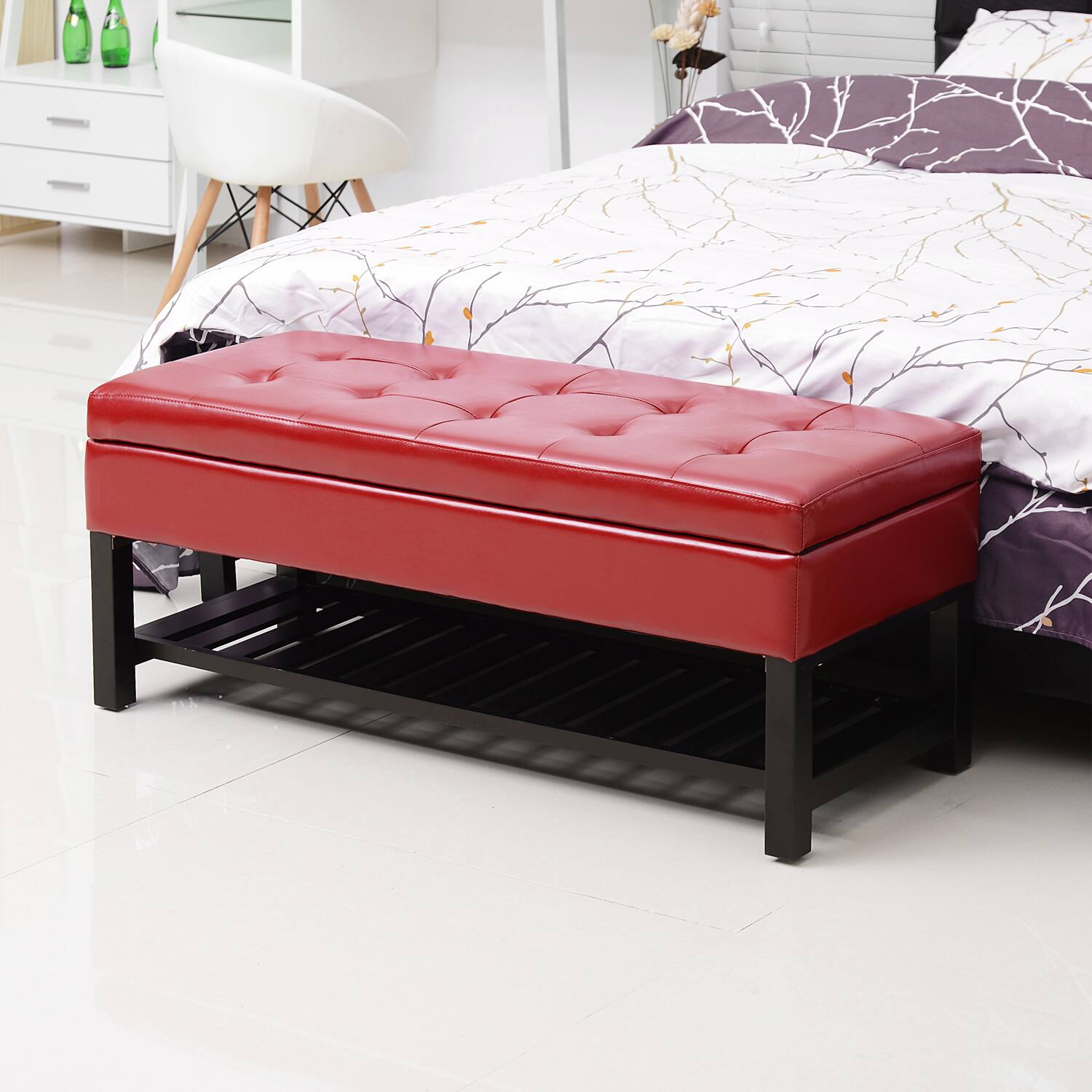 Alt View 7. Homcom - 44" Tufted Faux Leather Ottoman Storage Bench With Shoe Rack - red.