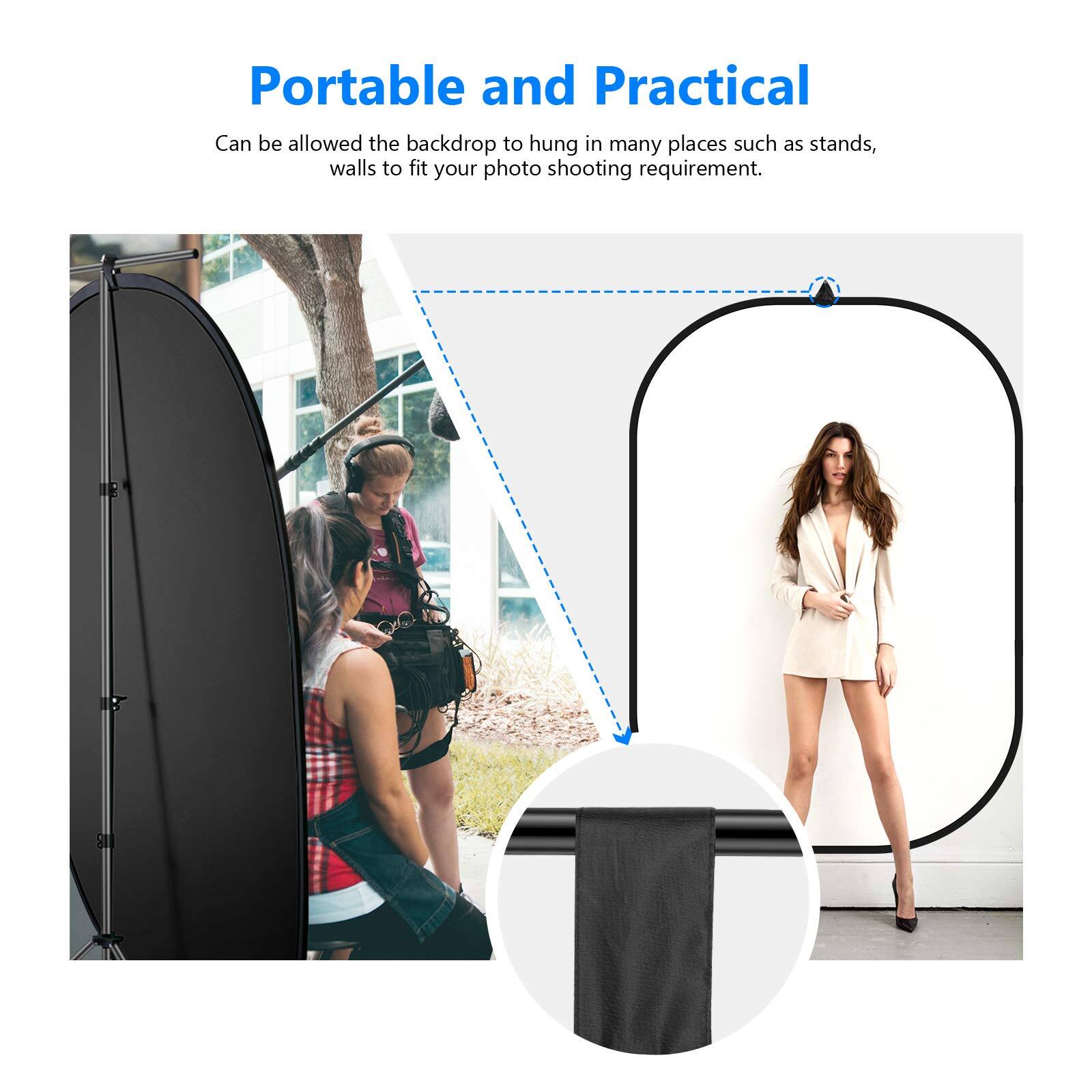 Portable and Practical

Can be allowed the backdrop to hang in many places such as stands, walls to fit your photo shooting requirement.