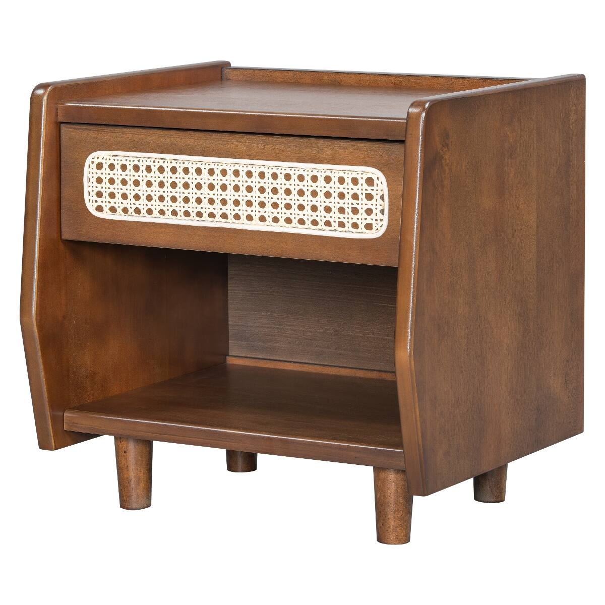Alt View 3. Loheer - Loheer Walnut Nightstand with Rattan Detail, Open Shelf and Drawer, Modern Bedroom Storage - Walnut.