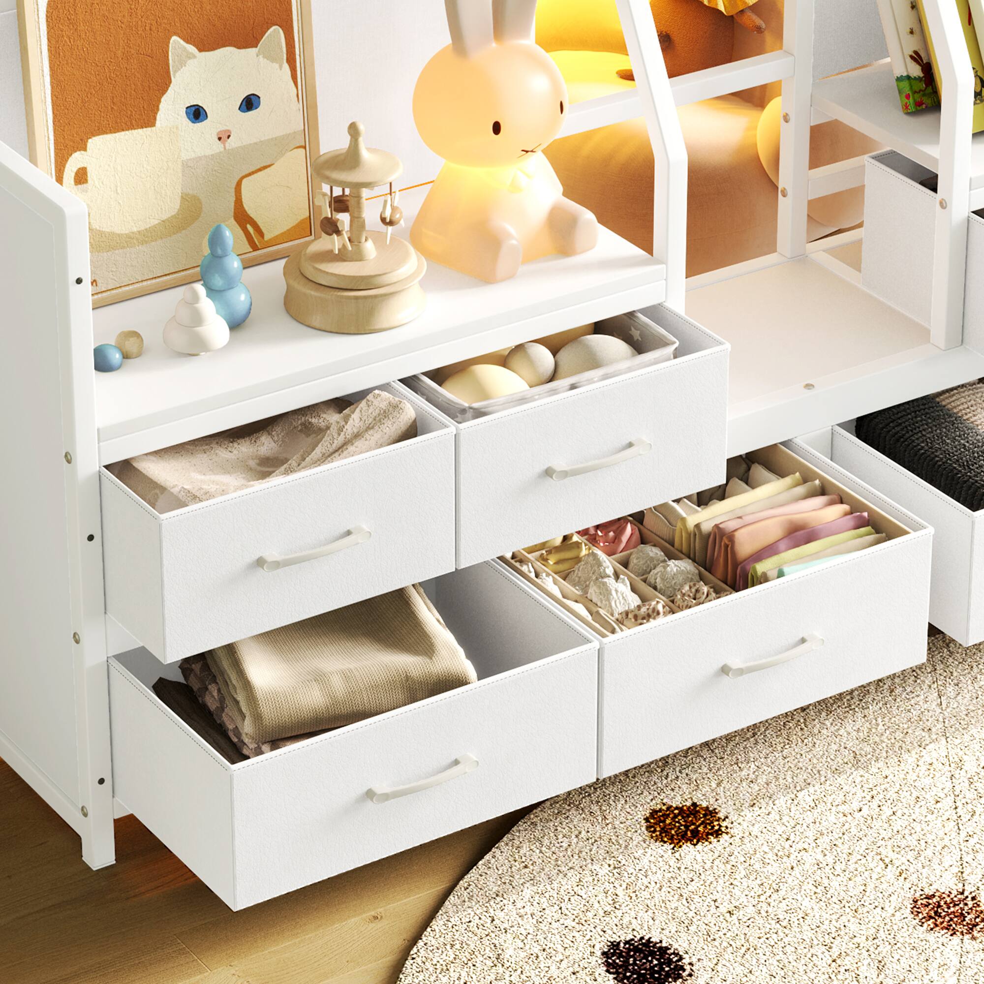 Back. Anysun - Twin Low Metal Loft Bed with Storage Drawers, Shelves, Lights, Independent Under-Bed Space, No Box Spring - White.