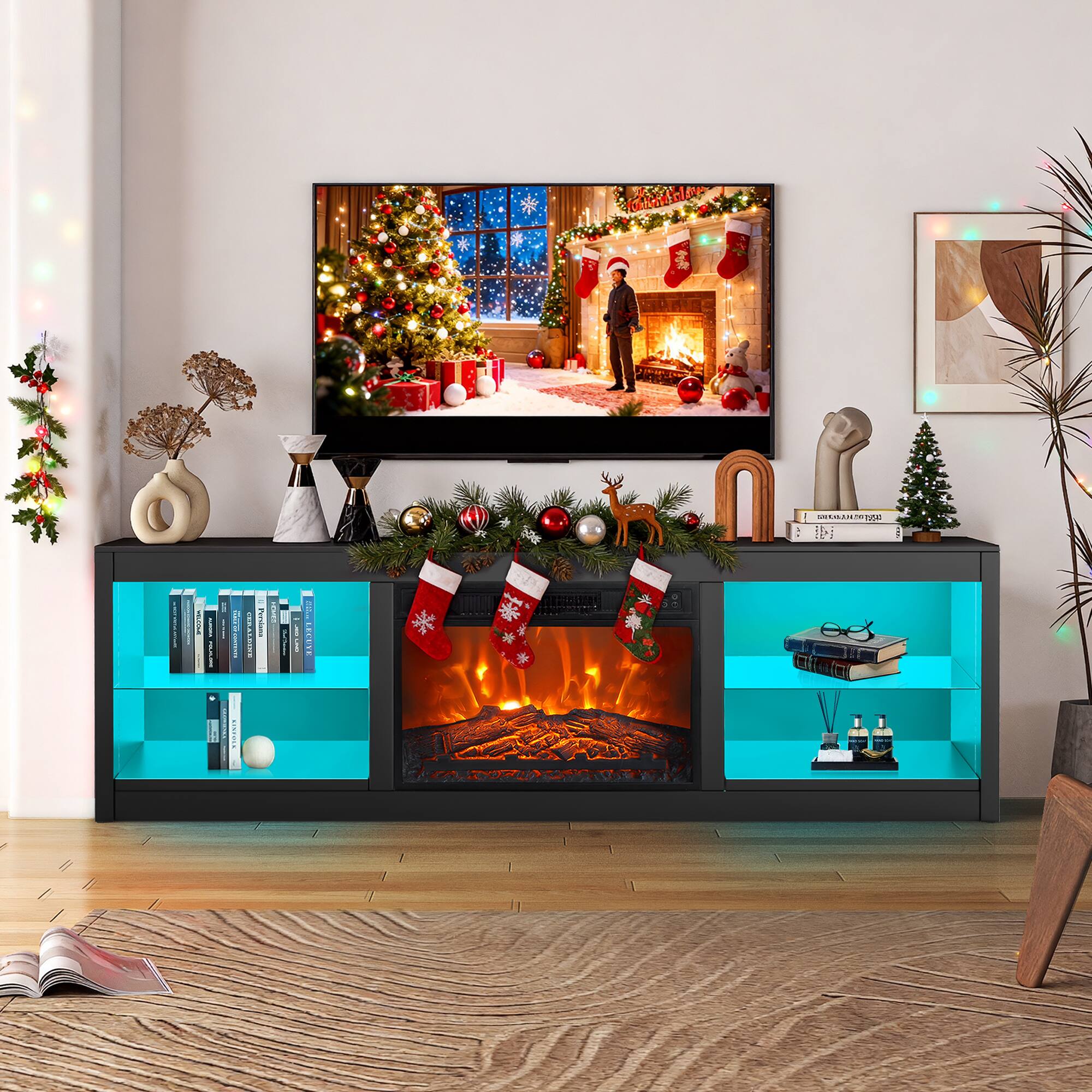 Ihomeadore - 66" TV Stand with 23" Insert Electric Fireplace and Open Storage Shelves Media Console for TVs up to 75" - Black