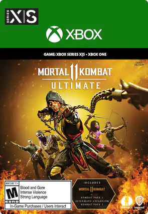 SERIES X S XBOX GAME: XBX SERIES XBX ONE MORTAL KOMBAT ULTIMATE SMART DELIVERY MATURE 17+ Blood and Gore M Intense Violence Strong Language ESRB In-Game Purchases/ Users Interact INCLUDES MORTAL KOMBAT + KOMBAT PACK I AFTERMATH EXPANSION KOMBAT PACK 2 WB NCHIOREALM WARNER BROS - M (Mature 17+)