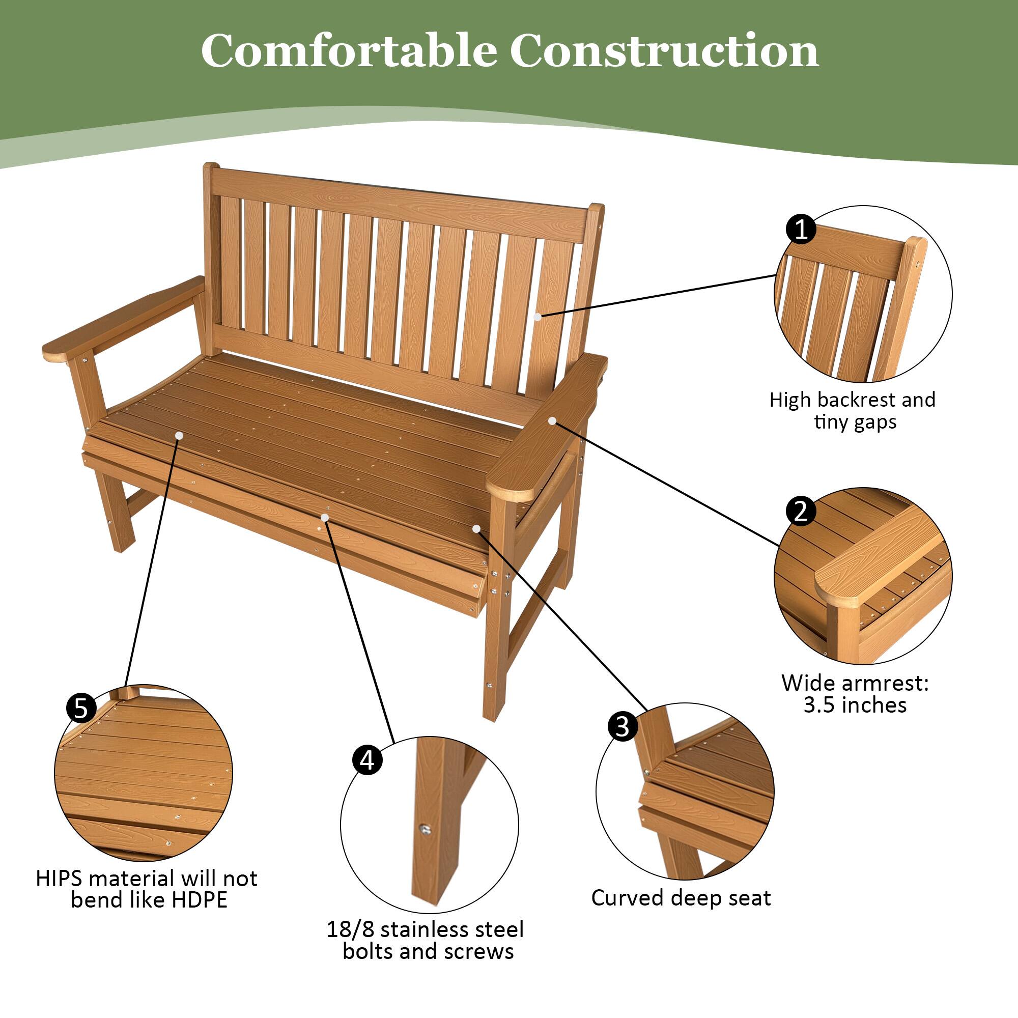 Comfortable Construction

1. High backrest and tiny gaps
2. Wide armrest: 3.5 inches
3. Curved deep seat
4. 18/8 stainless steel bolts and screws
5. HIPS material will not bend like HDPE