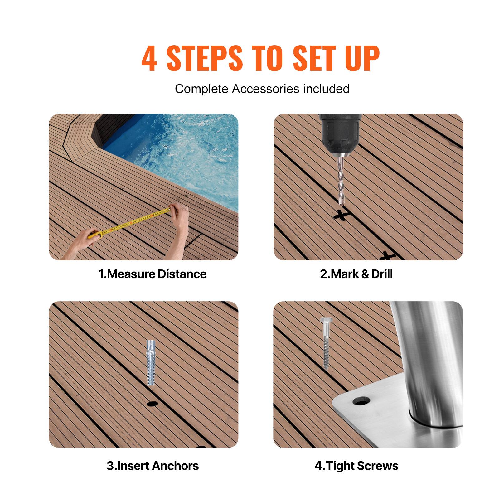 4 STEPS TO SET UP  
Complete Accessories included  

1. Measure Distance  
2. Mark & Drill  
3. Insert Anchors  
4. Tighten Screws