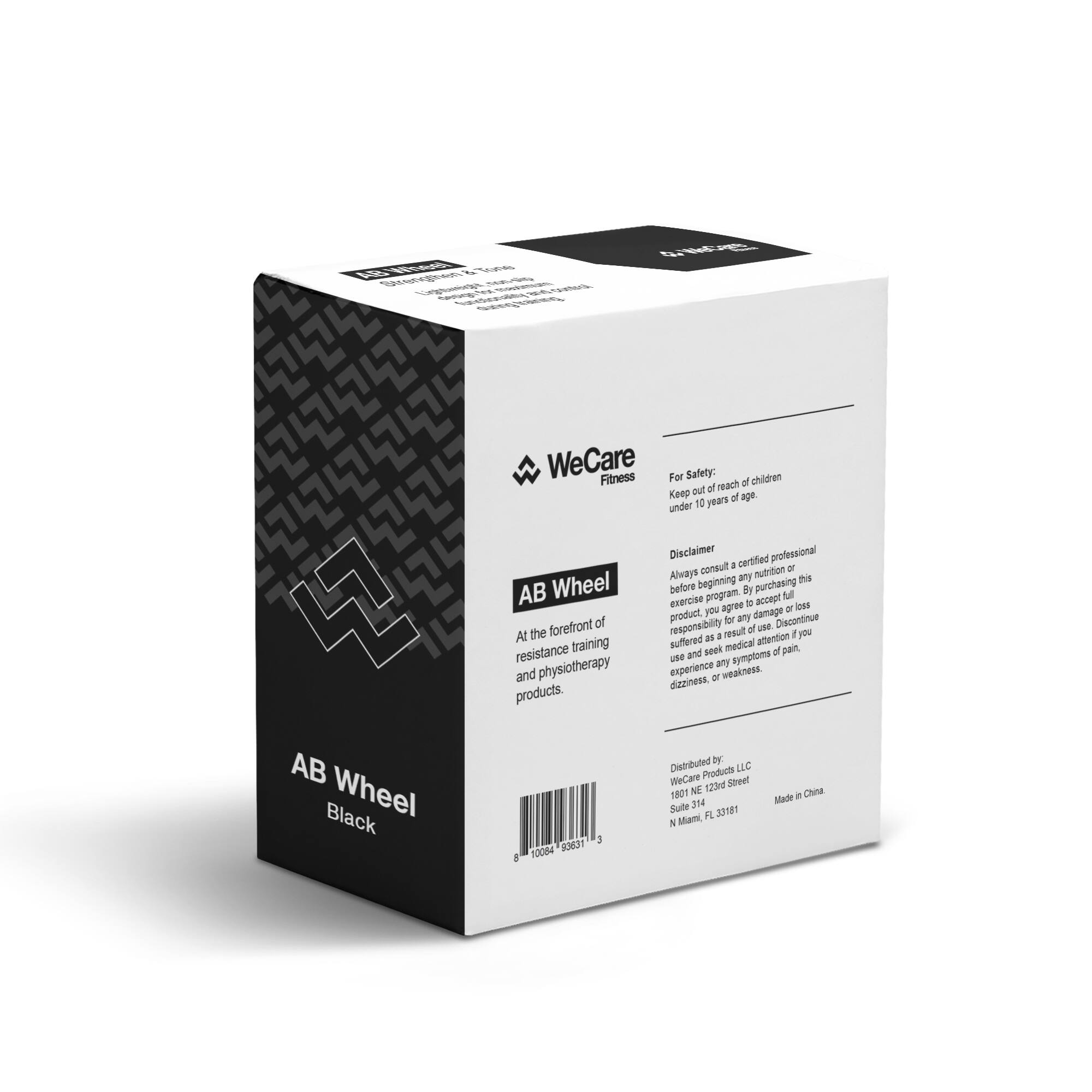 **WeCare Fitness**

**AB Wheel Black**

**For Safety:**
Keep out of reach of children under 10 years of age.

**Disclaimer:**
Always consult a certified professional before beginning any exercise program. By purchasing this product, you agree to assume any risk or responsibility for any damage or injury suffered as a result of use. Discontinue use and seek medical attention if you experience any symptoms of pain, dizziness, or weakness.

**Distributed By:**
WeCare Products LLC  
WeCare 3123 Street  
Suite 3, FL 33181  
N Miami, FL 33181

Made in China.

**At the forefront of resistance training and physiotherapy products.**

**Barcode:**
8 10084 36351 3