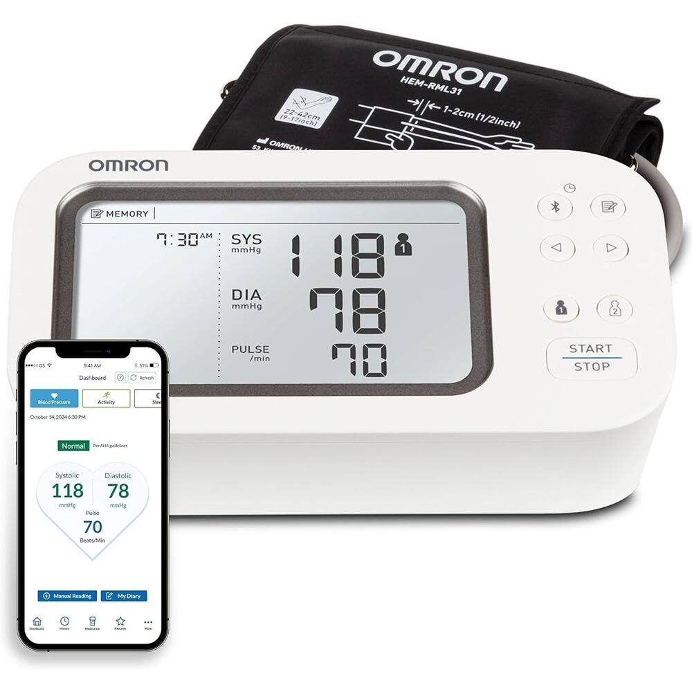 Sure, here is the corrected and grouped text from the image:

---

**OMRON HEM-RML31**

- **ARM CUFF SIZE:** 19-17 inch (22-42 cm)
- **ARM CUFF WIDTH:** 1-2 cm (1/2 inch)

**OMRON SI05 - Bond MEMORY**

- **Time:** 3:30 AM
- **SYS:** 118 mmHg
- **DIA:** 78 mmHg
- **PULSE:** 70 /min
- **START STOP**

**OMRON HEM-RML31**

- **ARM CUFF SIZE:** 1-2 cm (1/2 inch)

**OMRON**

**Blood Pressure Dashboard**

- **Date:** October 14, 2024, 6:30 PM
- **Normal**
  - **Systolic:** 118 mmHg
  - **Diastolic:** 78 mmHg
  - **Pulse:** 70 Beat/Min
- **Manual Reading**
- **My Diary**

---

This text is grouped and corrected based on the information visible in the image.