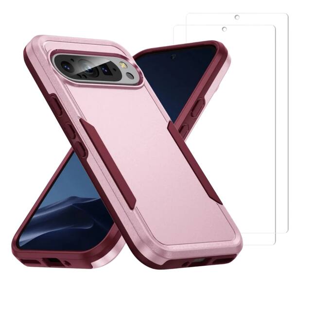 Entronix - Premium Bundle for Google Pixel 9 Pro XL - Dual-Layer Case with 2 Clear Screen Protectors - Pink