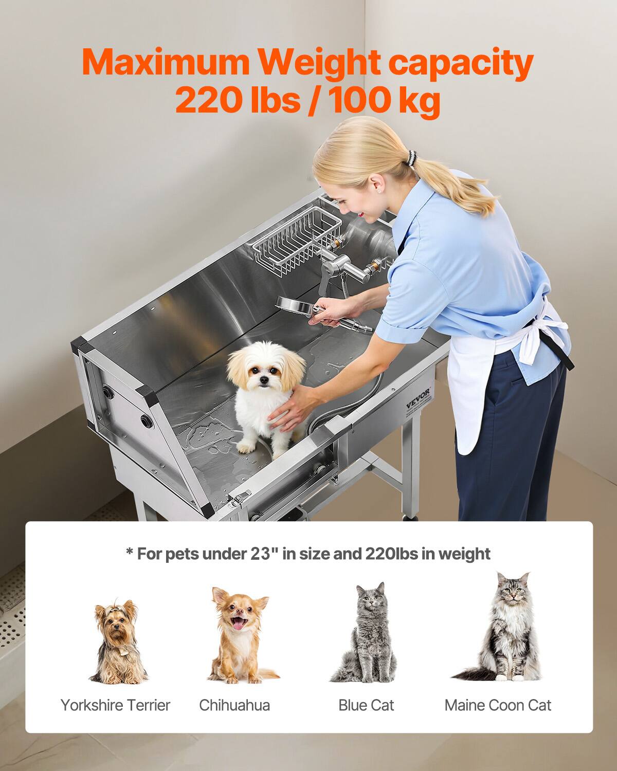 Maximum Weight capacity  
220 lbs / 100 kg  

* For pets under 23" in size and 220lbs in weight  

Yorkshire Terrier  
Chihuahua  
Blue Cat  
Maine Coon Cat