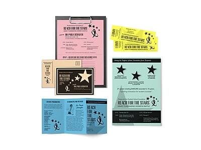 Sure, here is the corrected and grouped text from the image:

---

**Reach for the Stars**

**Pink Folder:**
- Reach for the Stars
- The Purple Scholarship
- [Form details]

**Yellow Tickets:**
- Reach for the Stars
- [Ticket details]

**Black Certificate:**
- Reach for the Stars
- The Purple Scholarship
- [Certificate details]

**Blue Brochure:**
- Reach for the Stars
- [Brochure details]

**Blue Card:**
- Reach for the Stars
- [Card details]

**Blue Booklet:**
- Reach for the Stars
- [Booklet details]

**Blue Poster:**
- Reach for the Stars
- [Poster details]

**Blue and Black Brochure:**
- Reach for the Stars
- [Brochure details]

**Blue and Black Booklet:**
- Reach for the Stars
- [Booklet details]

**Blue and Black Poster:**
- Reach for the Stars
- [Poster details]

**Blue and Black Brochure:**
- Reach for the Stars
- [Brochure details]

**Blue and Black Booklet:**
- Reach for the Stars
- [Booklet details]

**Blue and Black Poster:**
- Reach for the Stars