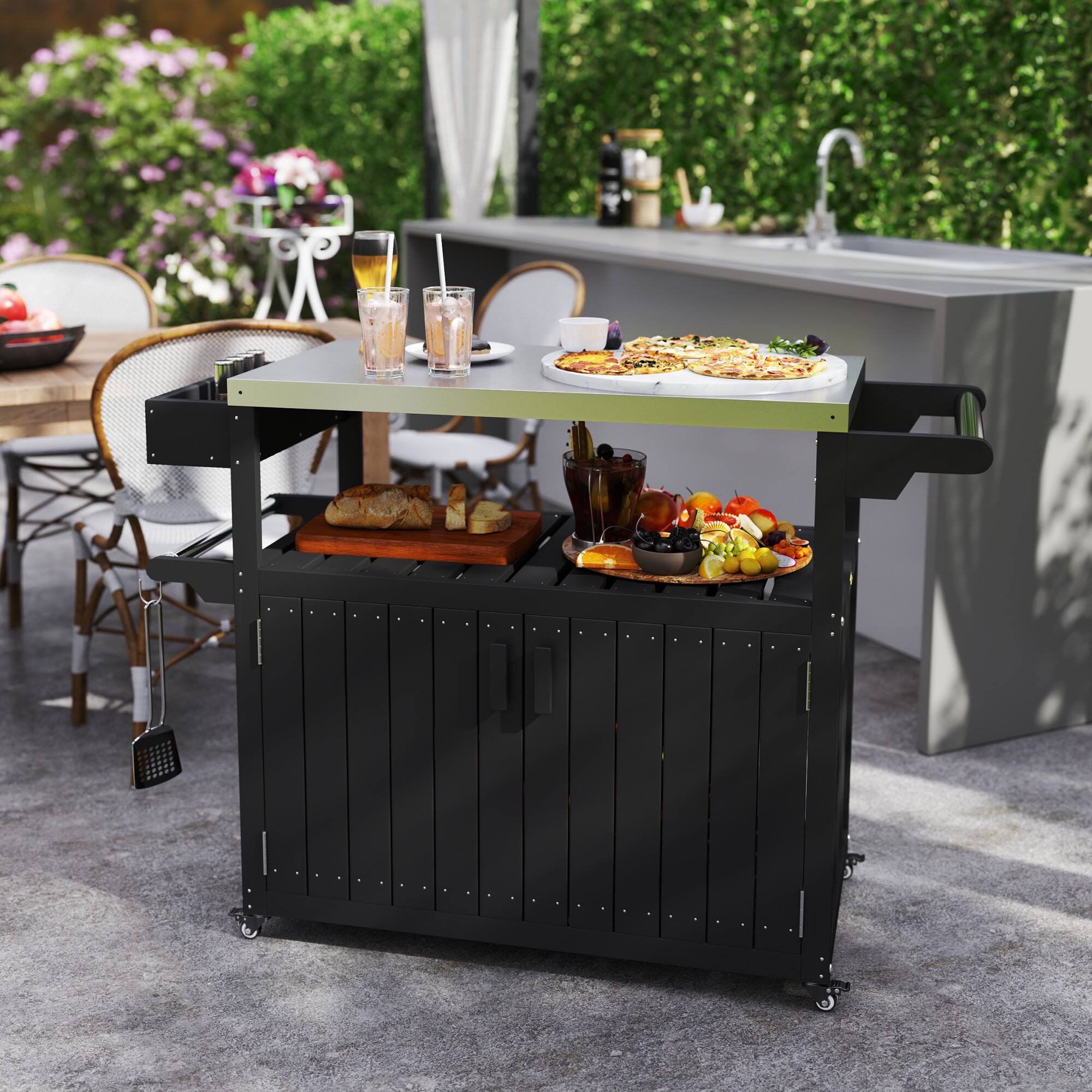 Alt View 1. Outsunny - Outdoor Bar Cart with Storage Cabinet, Stainless Steel Top Kitchen Island on Wheels, HDPE Outdoor Bar Table - Black.