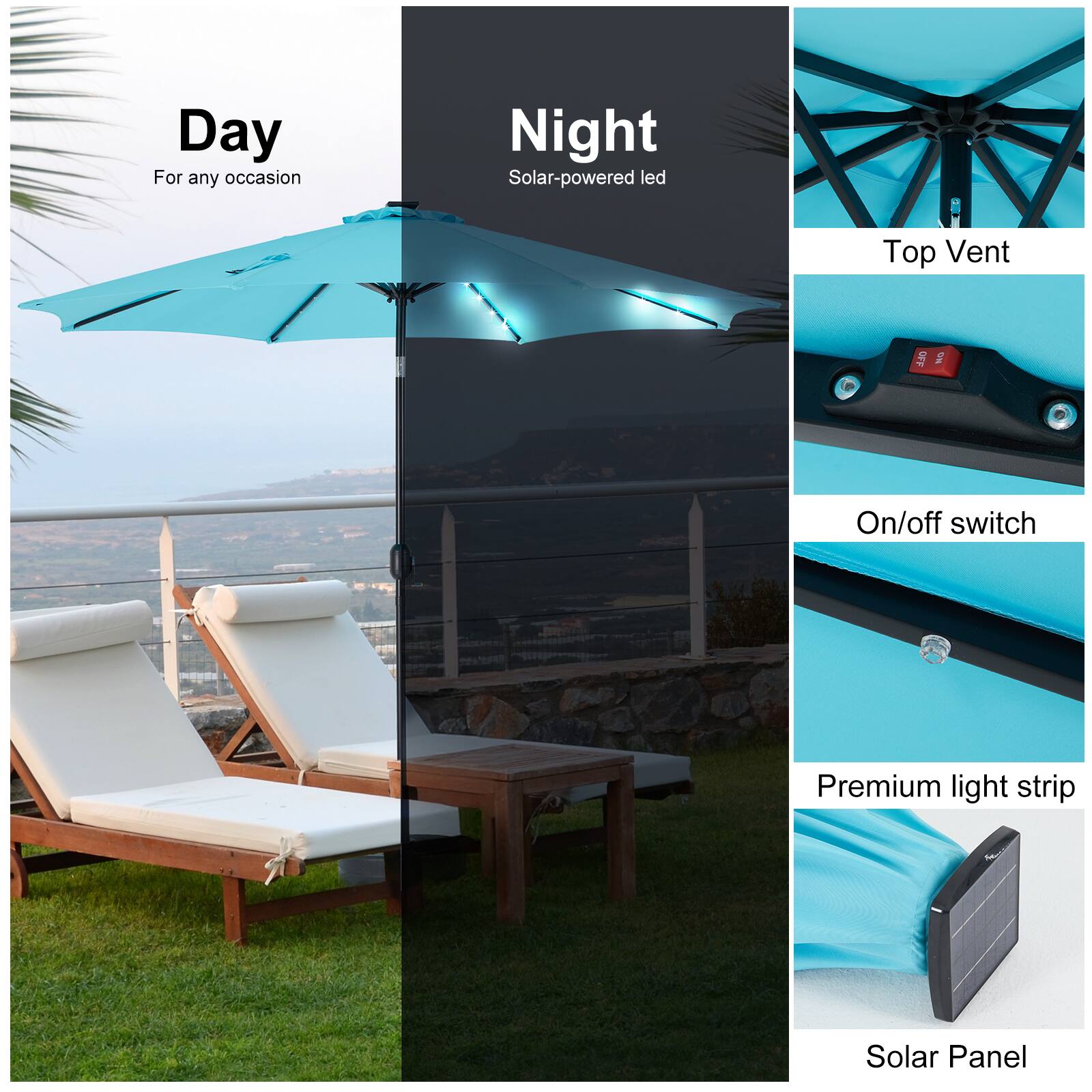 - Day: For any occasion
- Night: Solar-powered LED
- Top Vent
- On/off switch
- Premium light strip
- Solar Panel