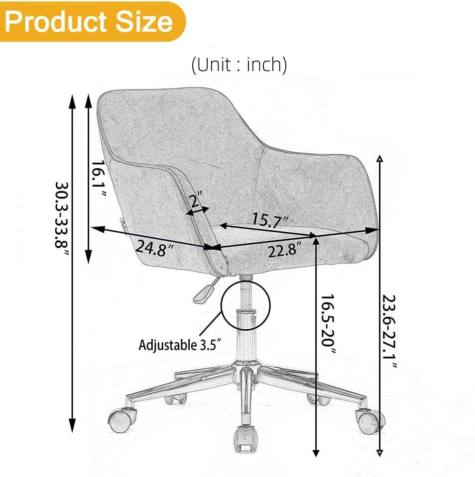 Product Size (Unit: inch)

- Height: 30.3-33.8"
- Width: 16.1"
- Depth: 24.8"
- Seat Height: Adjustable 3.5"
- Seat Depth: 15.7"
- Back Height: 22.8"
- Armrest Height: 16.5-20"
- Base Width: 23.6-27.1"