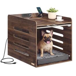 Songmics Home - Modern Dog Crate Furniture with Charging Station, Medium Kennel Indoor with Flip-up Hidden Acrylic Door - Natural Walnut