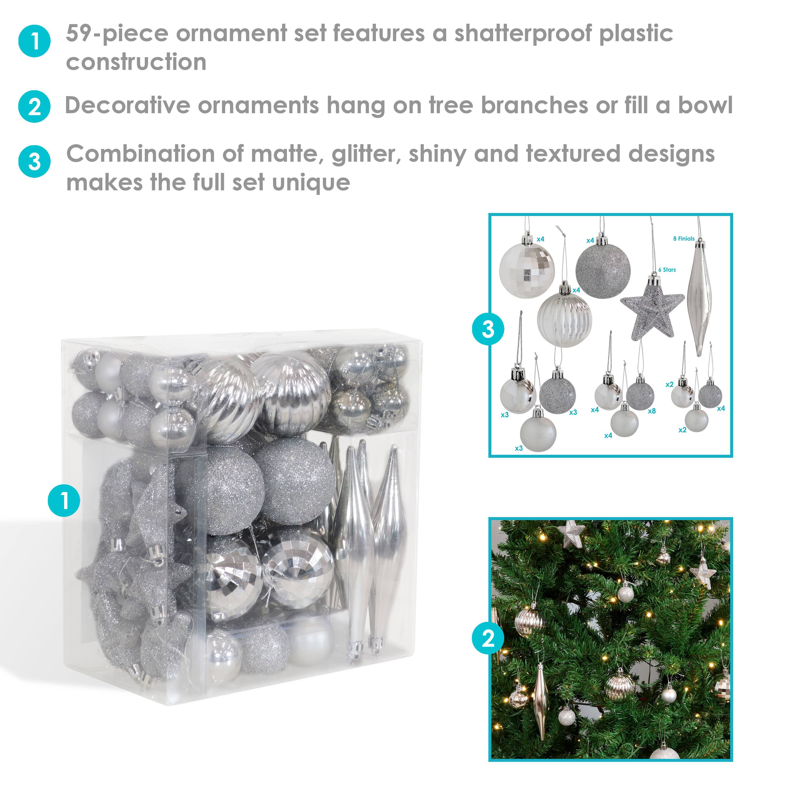 1. 59-piece ornament set features a shatterproof plastic construction
2. Decorative ornaments hang on tree branches or fill a bowl
3. Combination of matte, glitter, shiny, and textured designs makes the full set unique
