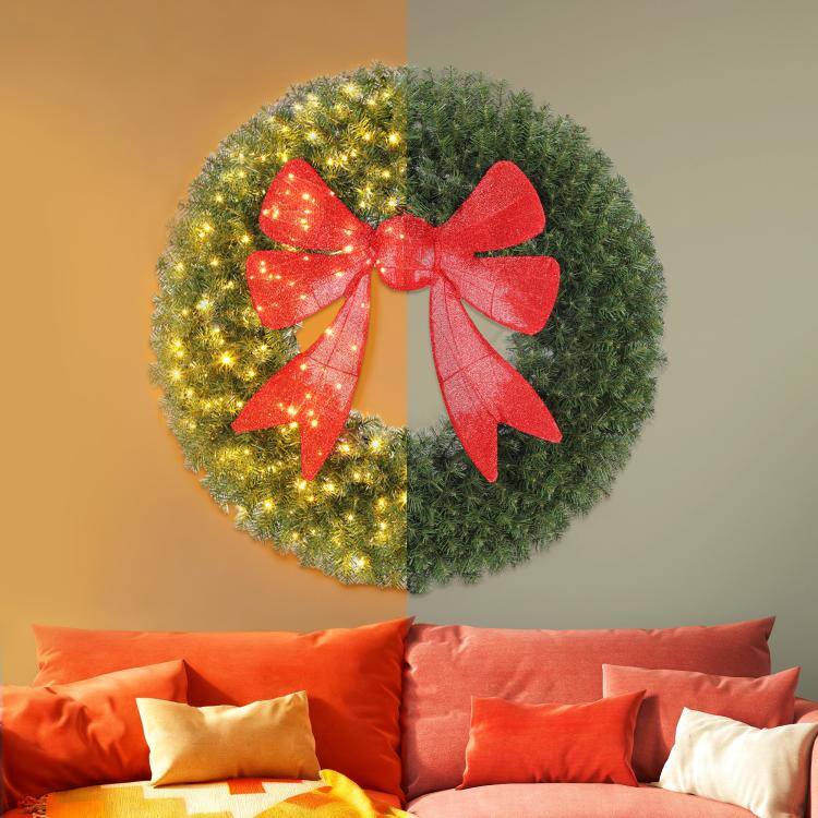 Alt View 9. PULUZ - 60in Pre-Lit Christmas Wreath with 3D Red Bow, 11 Lighting Modes, Front Door Christmas Wreath with Remote - Green.
