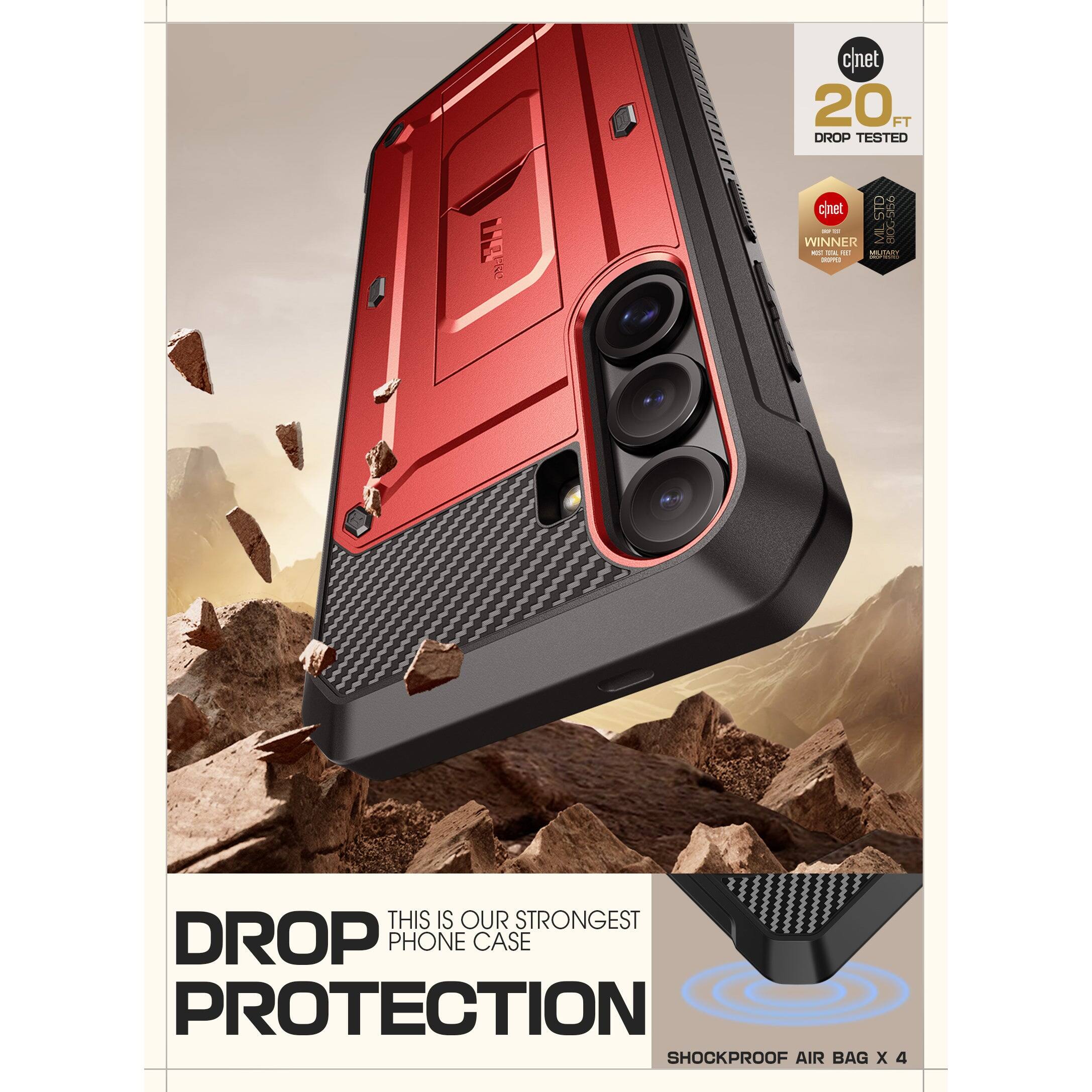 cnet  
20 FT DROP TESTED  

cnet  
WINNER  
MILITARY  
STANDARD  

THIS IS OUR STRONGEST PHONE CASE PROTECTION  

SHOCKPROOF AIR BAG X 4