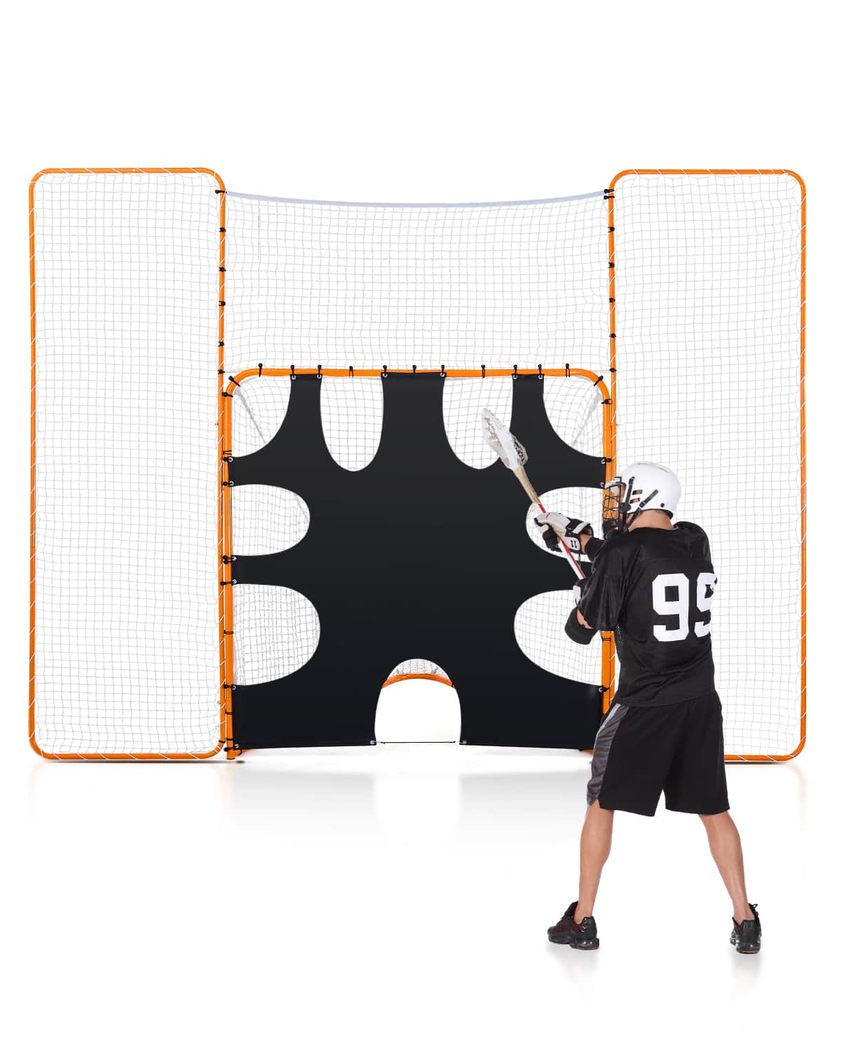 Front. VEVOR - 3-IN-1 Lacrosse Goal, 12x9 ft Lacrosse Net with Backstop and Target, Quick & Easy Setup Backyard Rebounder Equipment - Orange.