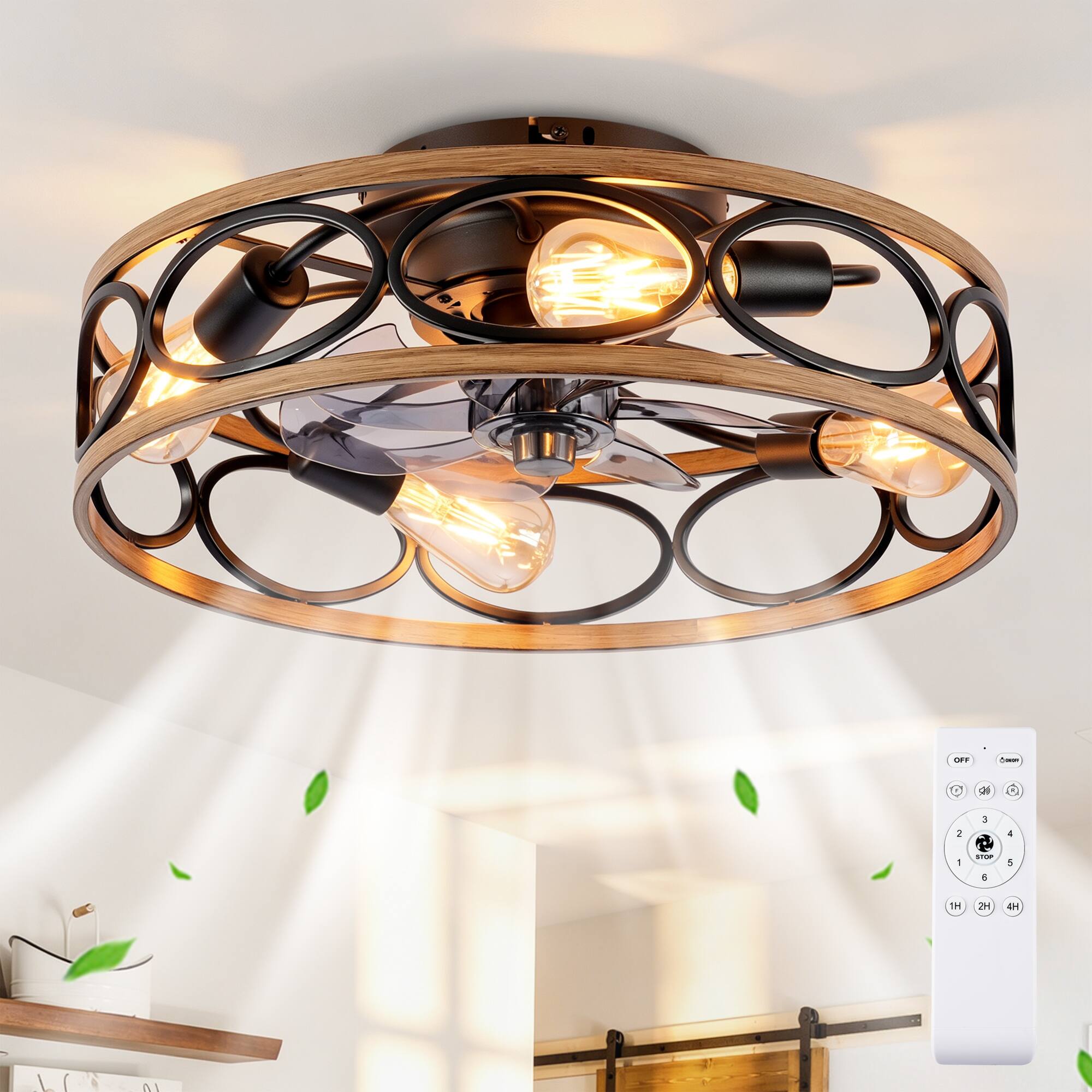 Angle. Loheer - Loheer 19 Inch Flush Mount Ceiling Fan with Light Kit Matte Black Caged Ceiling Fan Reversible DC Motor Remote Control.
