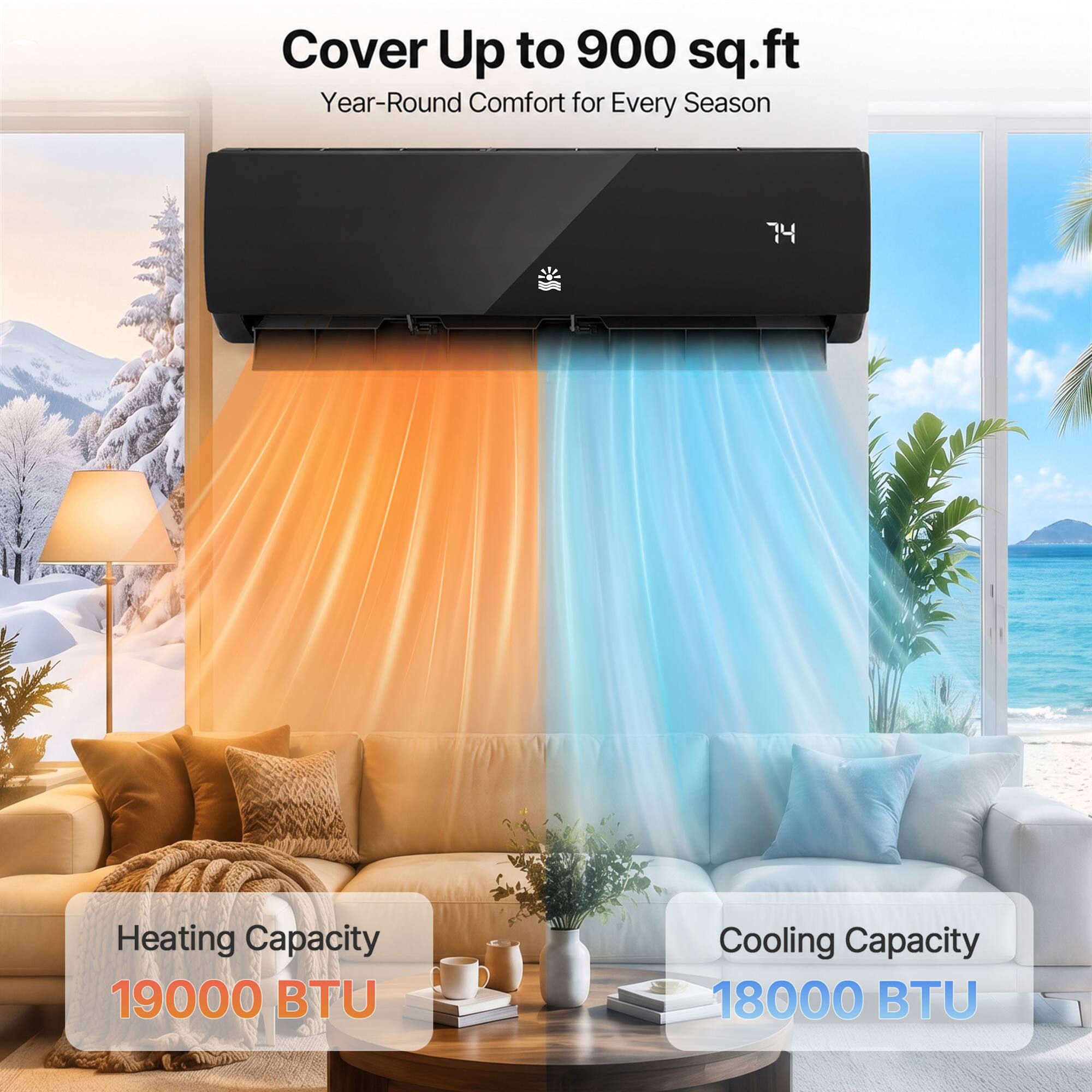 Cover Up to 900 sq.ft  
Year-Round Comfort for Every Season  
74 Heating Capacity  
19000 BTU Cooling Capacity  
18000 BTU