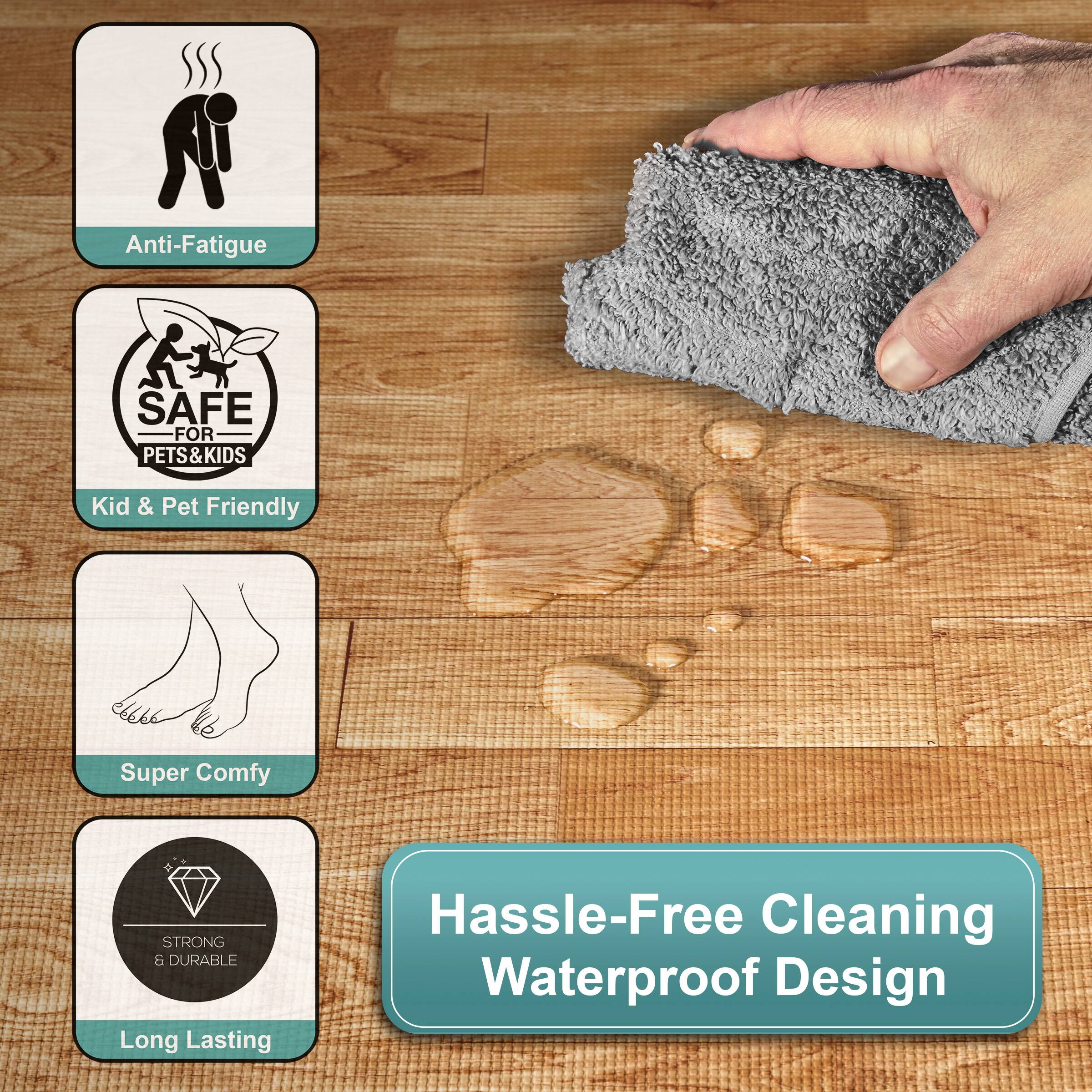 - Anti-Fatigue
- SAFE FOR PETS & KIDS
- Kid & Pet Friendly
- Super Comfy
- STRONG & DURABLE
- Long Lasting
- Hassle-Free Cleaning Waterproof Design