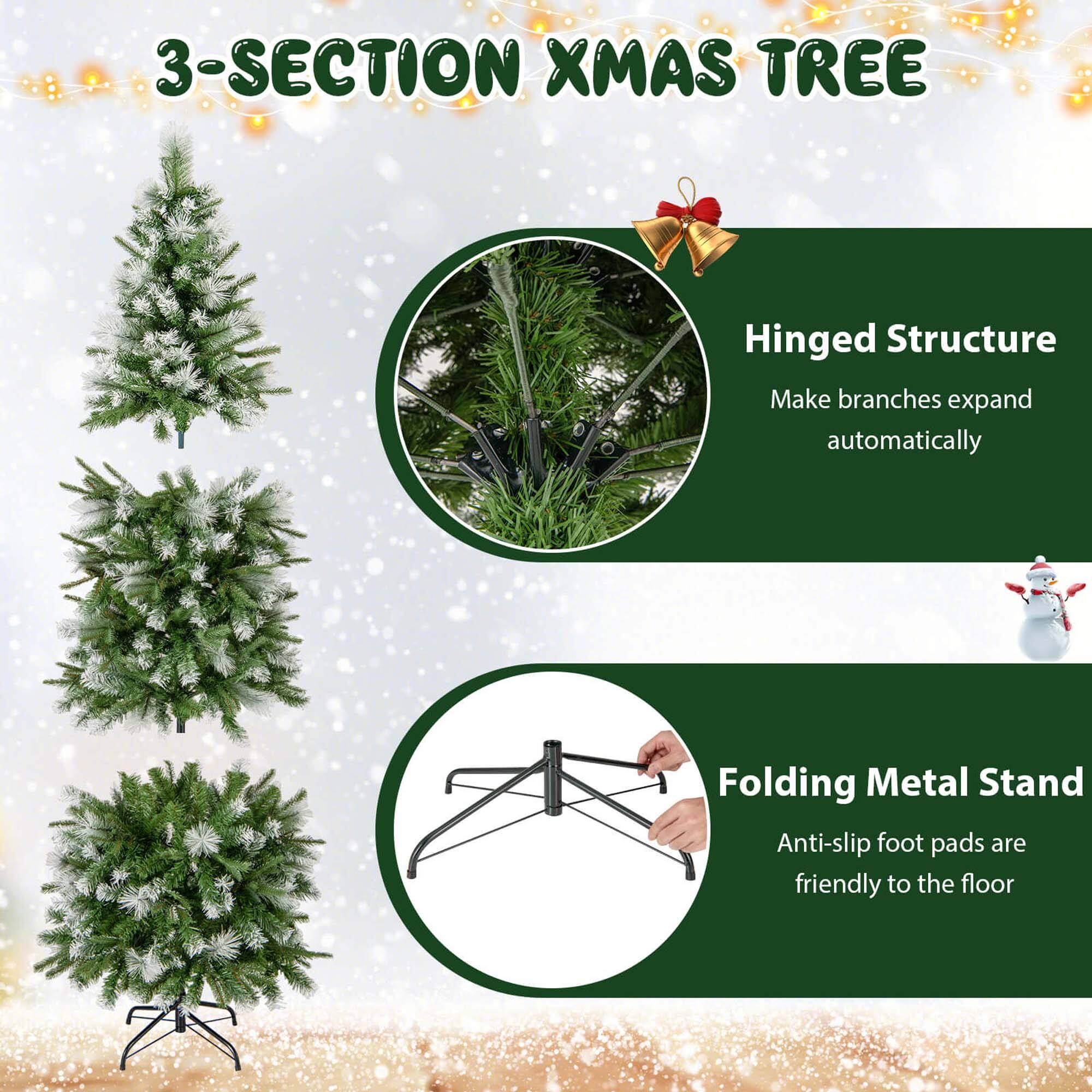 The text on the image is grouped as follows:

1. 3-SECTION XMAS TREE: This section describes the three-section Christmas tree.
2. Hinged Structure: This section explains the hinged structure of the tree.
3. Make branches expand automatically: This section describes the automatic branch expansion feature of the tree.
4. Folding Metal Stand: This section explains the folding metal stand used for the tree.
5. Anti-slip foot pads are friendly to the floor: This section highlights the anti-slip foot pads that come with the tree, ensuring safety and stability on the floor.