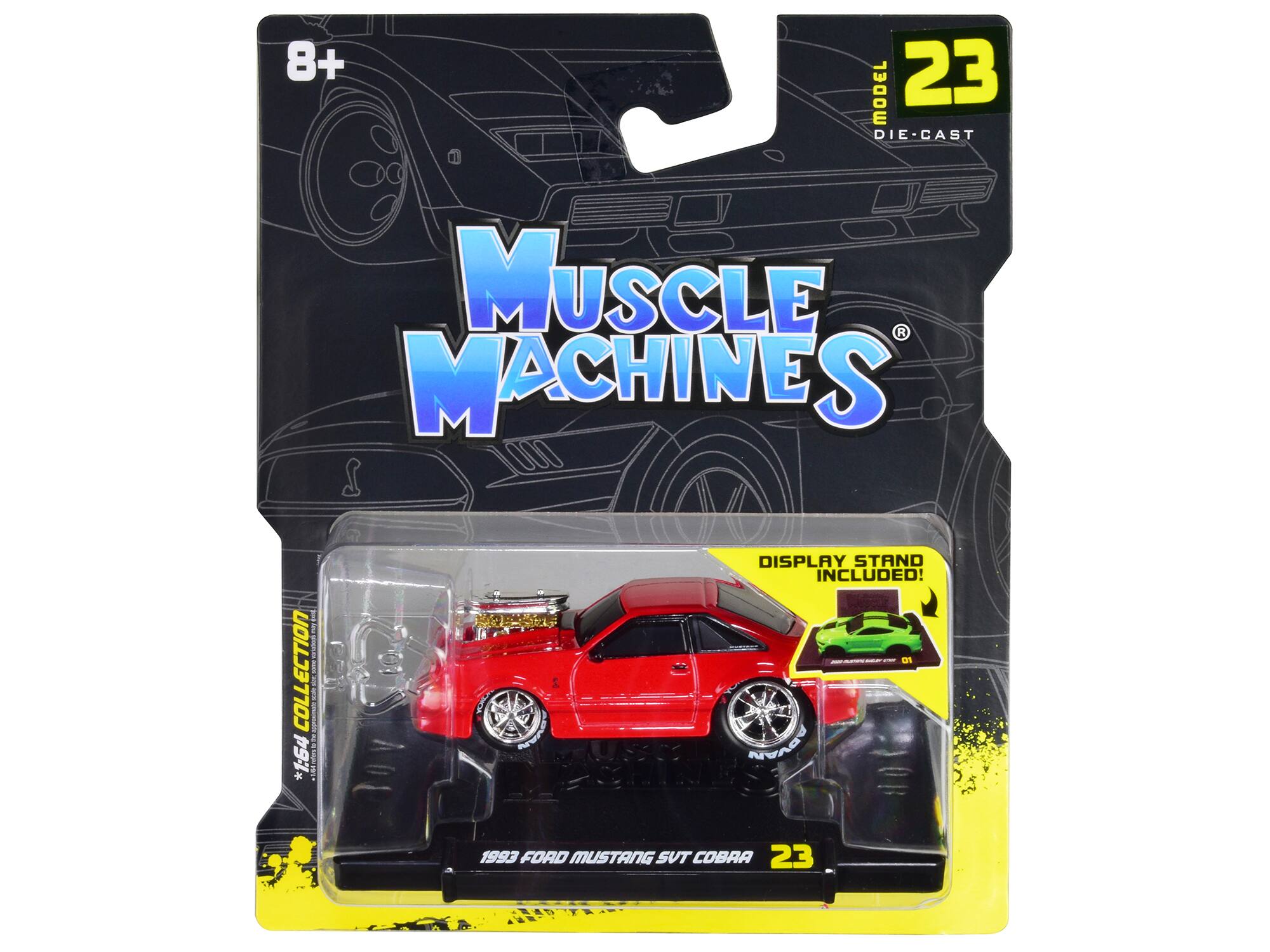 8+ MODEL 23 DIE-CAST MUSCLE MACHINES COLLECTION: *1:54* DISPLAY STAND INCLUDED! - 1993 FORD MUSTANG SUT COBRA 23