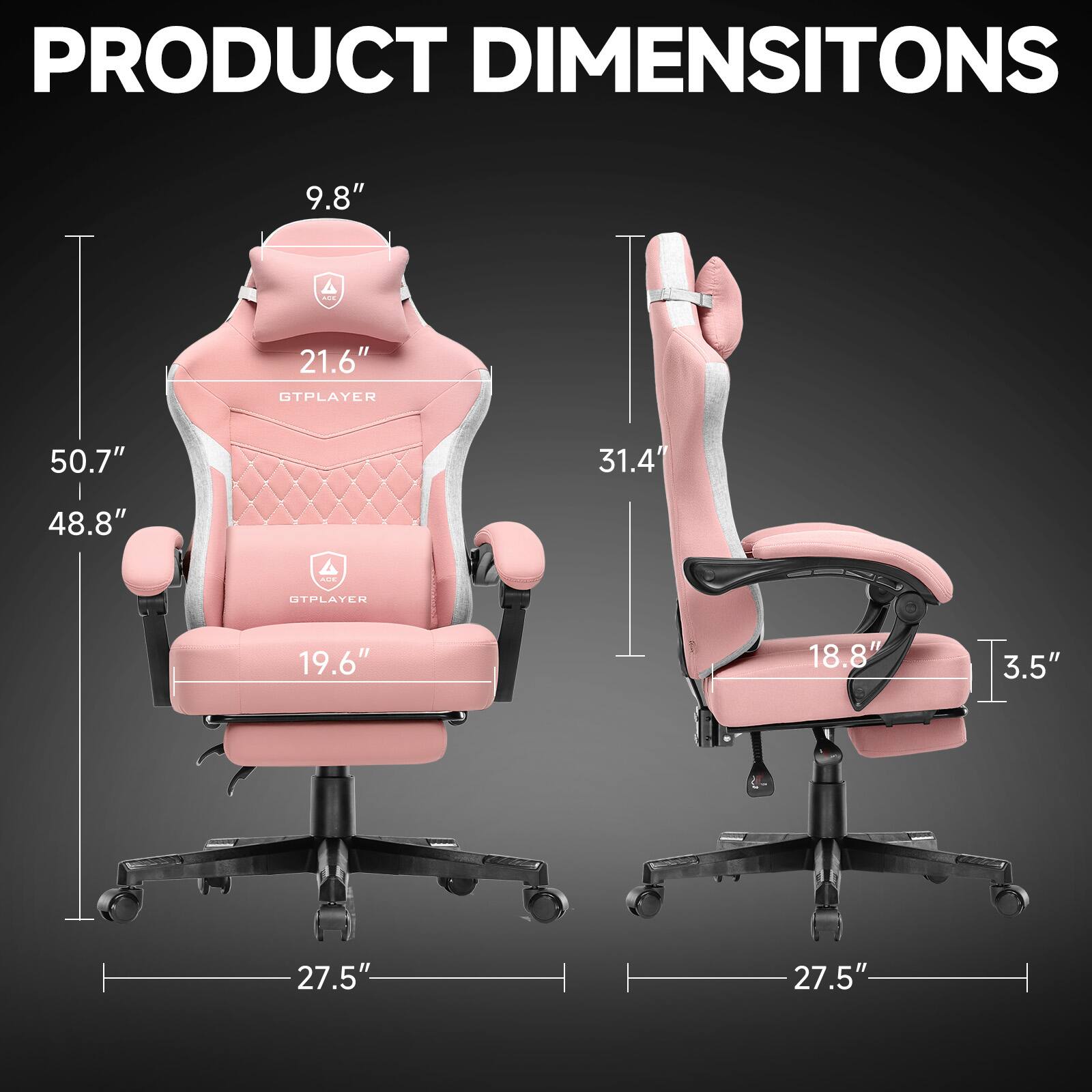 PRODUCT DIMENSIONS

- Height: 50.7"
- Width: 48.8"
- Depth: 27.5"
- Seat Height: 19.6"
- Backrest Height: 21.6"
- Headrest Height: 9.8"
- Armrest Height: 31.4"
- Armrest Width: 18.8"
- Armrest Depth: 3.5"