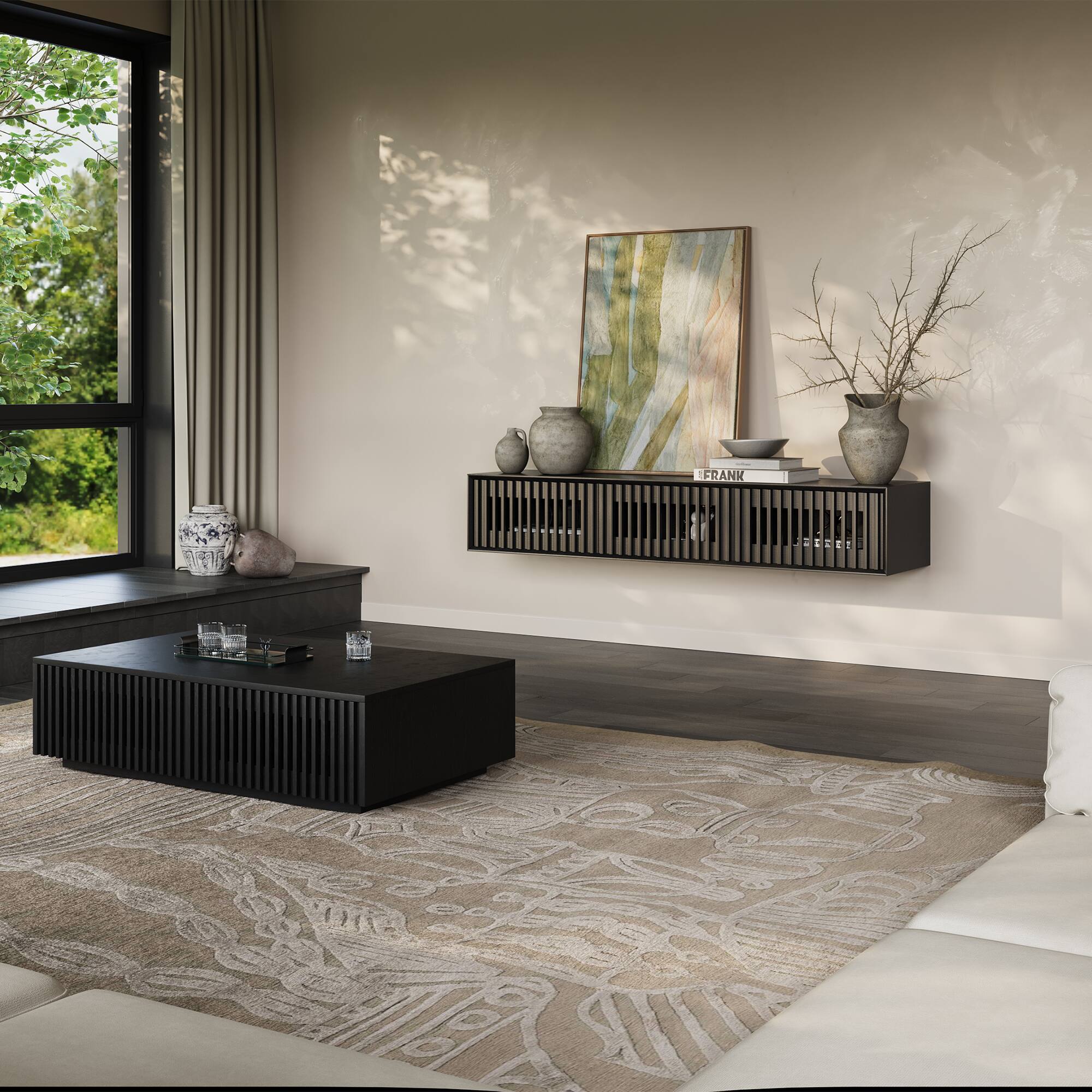 Left. POVISON - 63" Black Floating TV Stand, Modern Minimalist, Four Drawers, Fully-Assembled - Black.