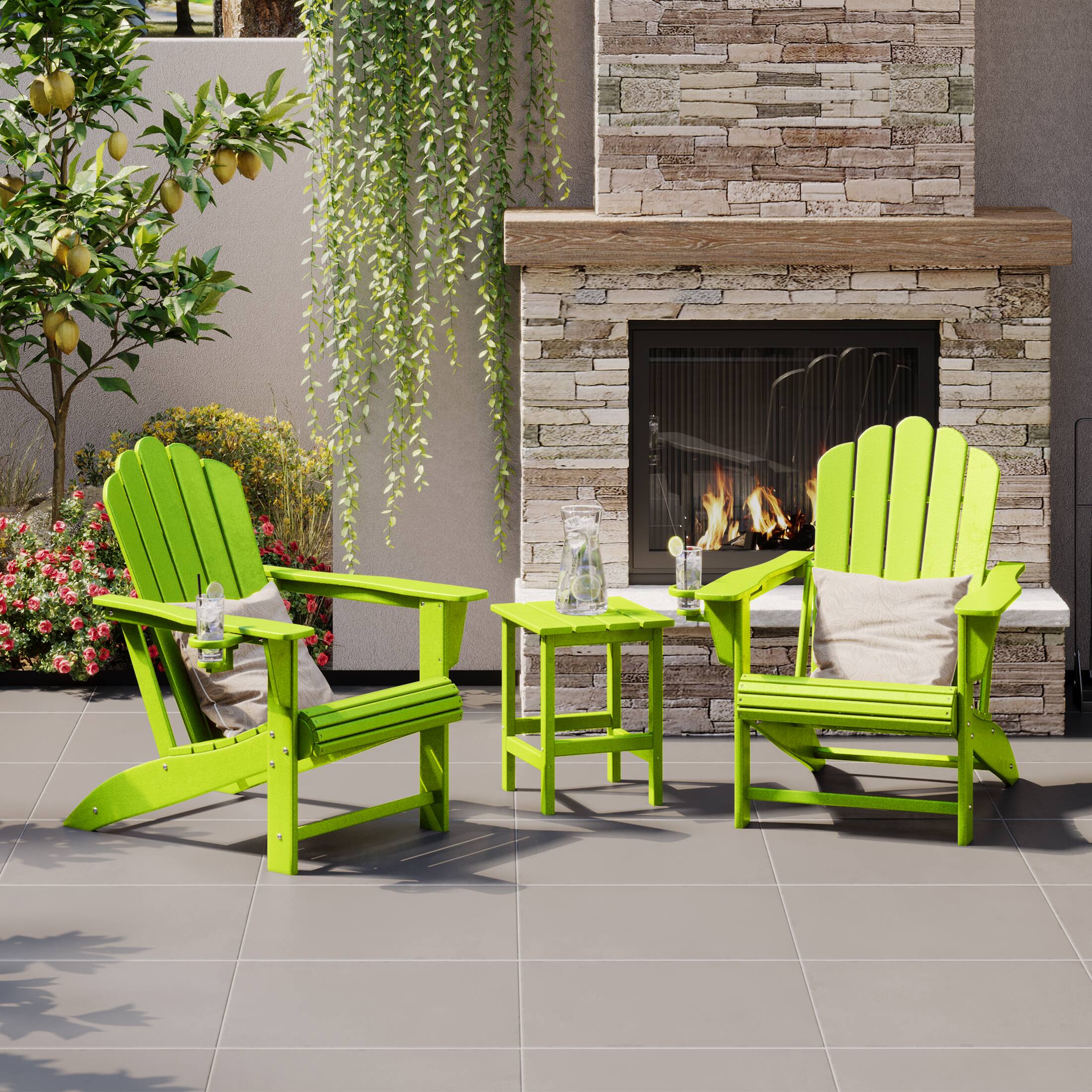 Angle. WestinTrends - WestinTrends Highland 3-Piece Outdoor Patio HDPE Adirondack Chair With Cup Holder and Table Set - Lime.