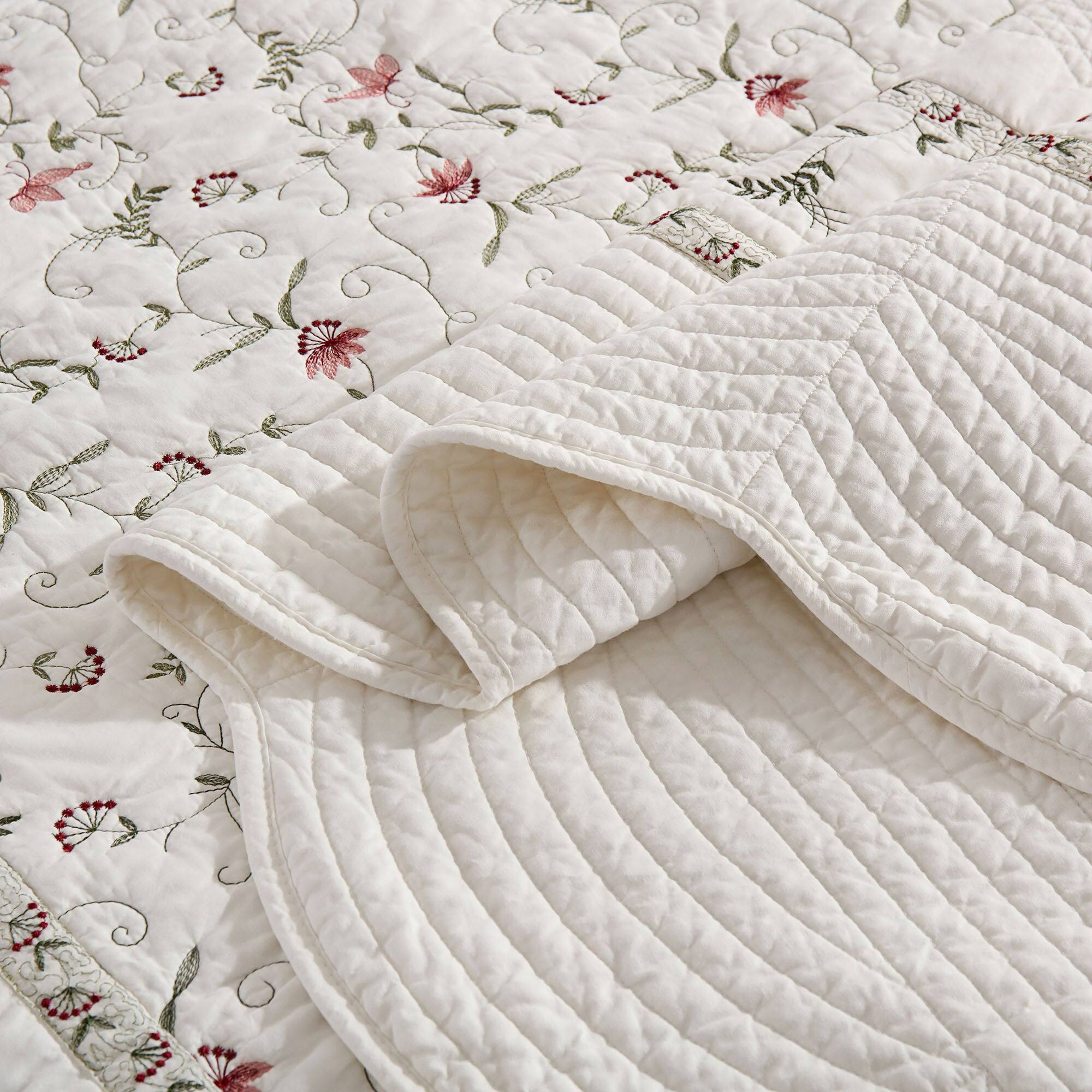Back. MarCielo - MarCielo 3Pcs 100% Cotton Embroidery Delicate Floral Quilt Bedspread Set - Multi other clrs.