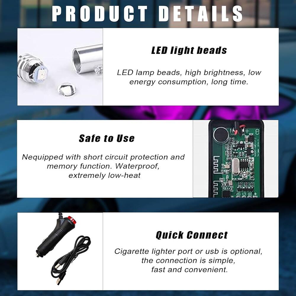 **PRODUCT DETAILS**

**LED light beads**  
LED lamp beads, high brightness, low energy consumption, long time.

**Safe to Use**  
Nequipped with short circuit protection and memory function. Waterproof, extremely low-heat.

**Quick Connect**  
Cigarette lighter port or USB is optional, the connection is simple, fast and convenient.