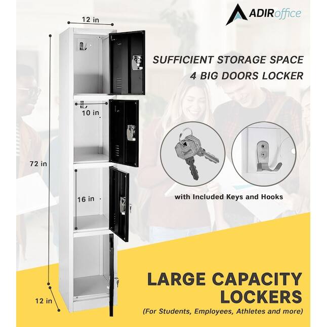 ADIRoffice SUFFICIENT STORAGE SPACE 4 BIG DOORS LOCKER with Included Keys and Hooks LARGE CAPACITY LOCKERS (For Students, Employees, Athletes and more) 12 in 10 in 72 in 16 in