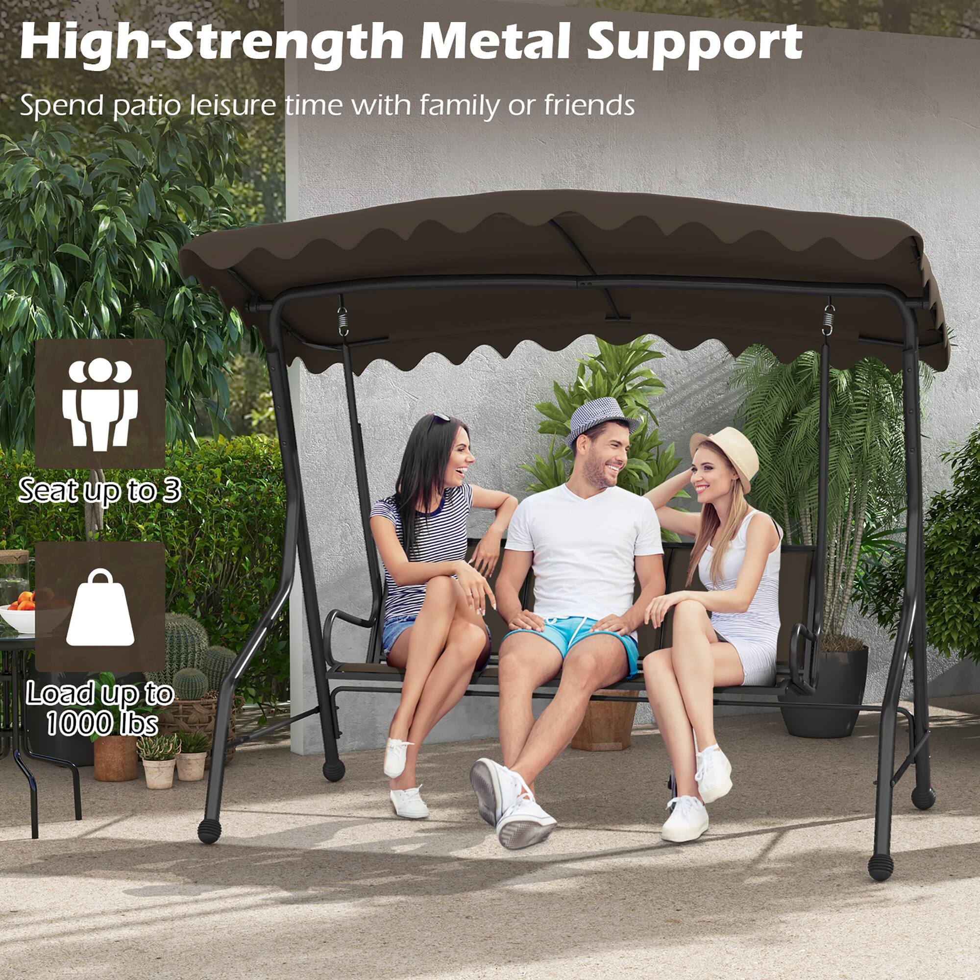 Alt View 7. Gymax - Gymax 3-Seat Outdoor Swing Porch Canopy Swing w/ Adjustable Shading Breathable Seat - Brown.