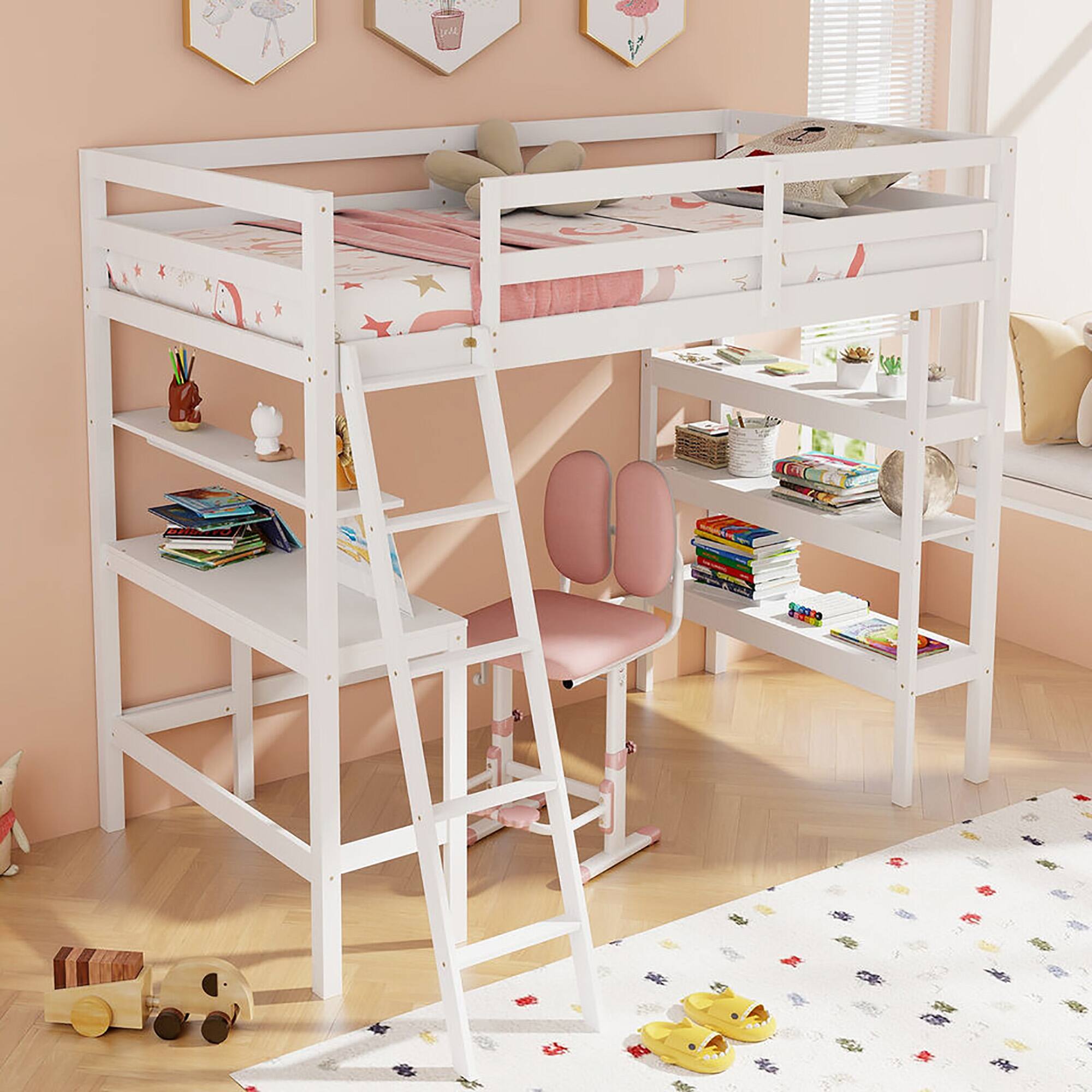Alt View 1. Gymax - Gymax Twin Size Solid Wood Loft Bed w/ Desk & Bookshelves Ladder & Guardrails White - White.