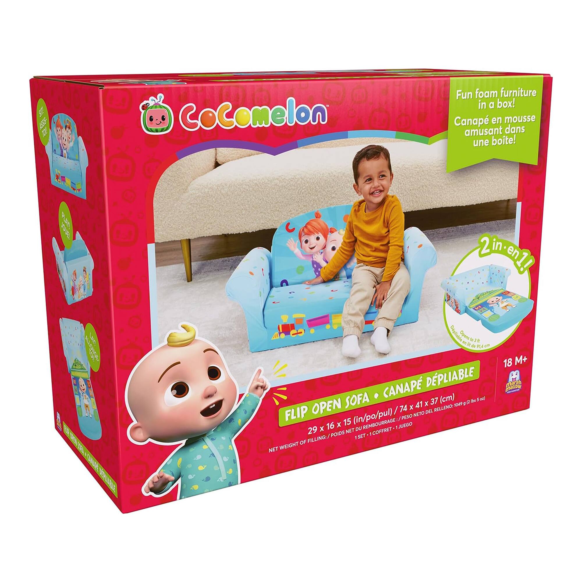 SE a0 DE Cocomelon Fun foam furniture in a box! Canap en mousse amusant dans une boîte! K 2 in Tua RIA Deplicbin Tpons - - a de P14 - CANAP DPLIABLE SOFA x 37 (cm) P B N OPEN x 41 TMF / 74 DEL RLLENCE FLIP 15 (in/po/pul) a PESO NETO 29 x 16 x MET DU REMBOURRACE 1 ARGO FOIDS  COFFRE? FILLING - SET OF NET WEIGHT 18 M+ M

Fun foam furniture in a box! Canapé en mousse amusant dans une boîte!

2 in 1!!

FLIP OPEN SOFA • CANAPÉ DÉPLIABLE

29 x 16 x 15 in (74 x 41 x 37 cm)

NET WEIGHT: 18 M+ M