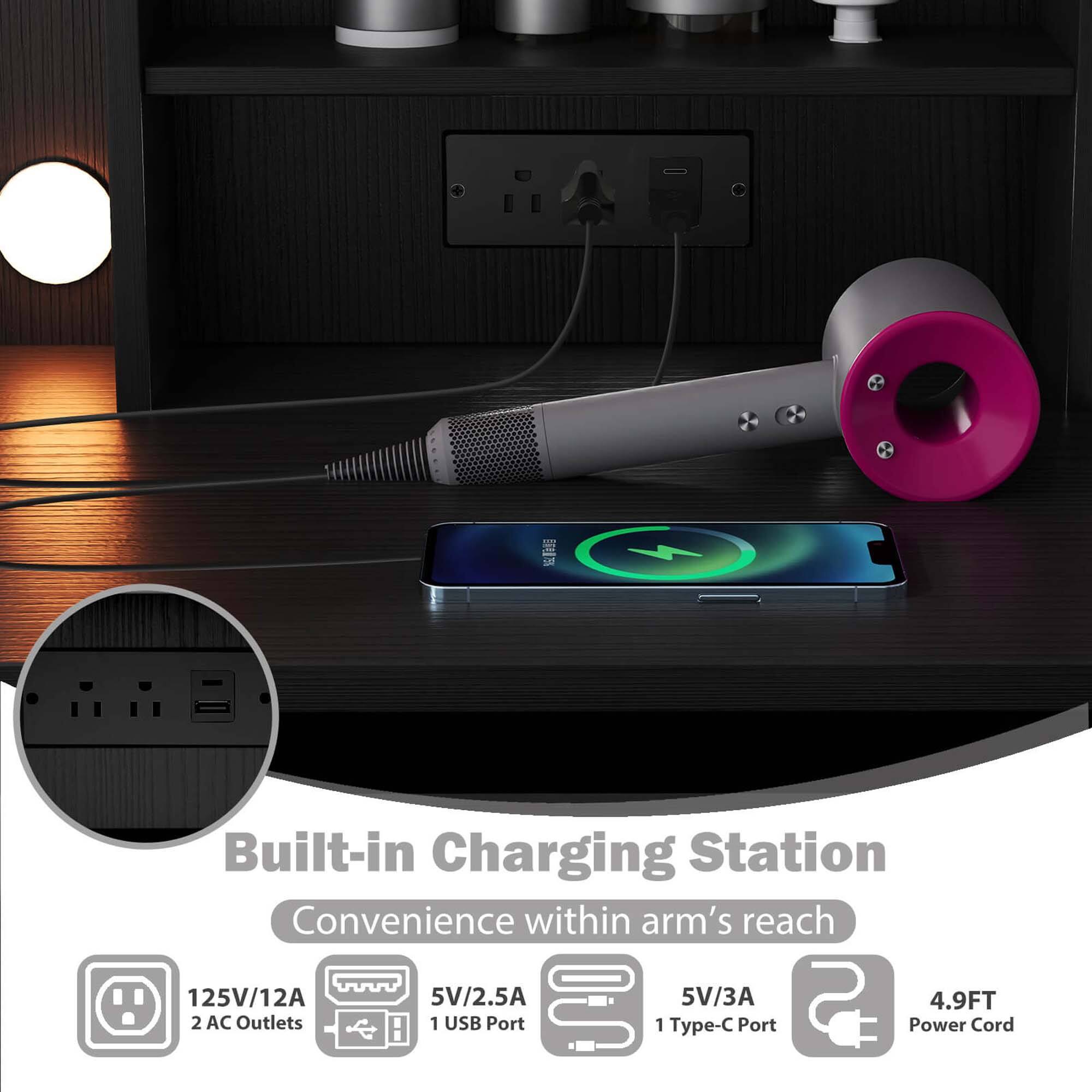 Built-in Charging Station
Convenience within arm's reach
125V/12A
2 AC Outlets
5V/2.5A
1 USB Port
5V/3A
1 Type-C Port
4.9FT Power Cord