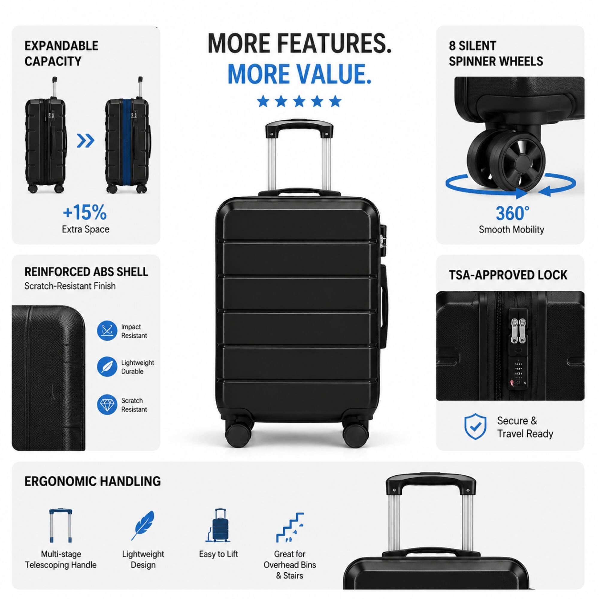 EXPANDABLE CAPACITY  
MORE FEATURES. MORE VALUE.  
+15% Extra Space  

8 SILENT SPINNER WHEELS  
360° Smooth Mobility  

REINFORCED ABS SHELL  
Scratch-Resistant Finish  
Impact Resistant  
Lightweight Durable  
Scratch Resistant  

TSA-APPROVED LOCK  
Secure & Travel Ready  

ERGONOMIC HANDLING  
Multi-stage Telescoping Handle  
Lightweight Design  
Easy to Lift  
Great for Overhead Bins & Stairs