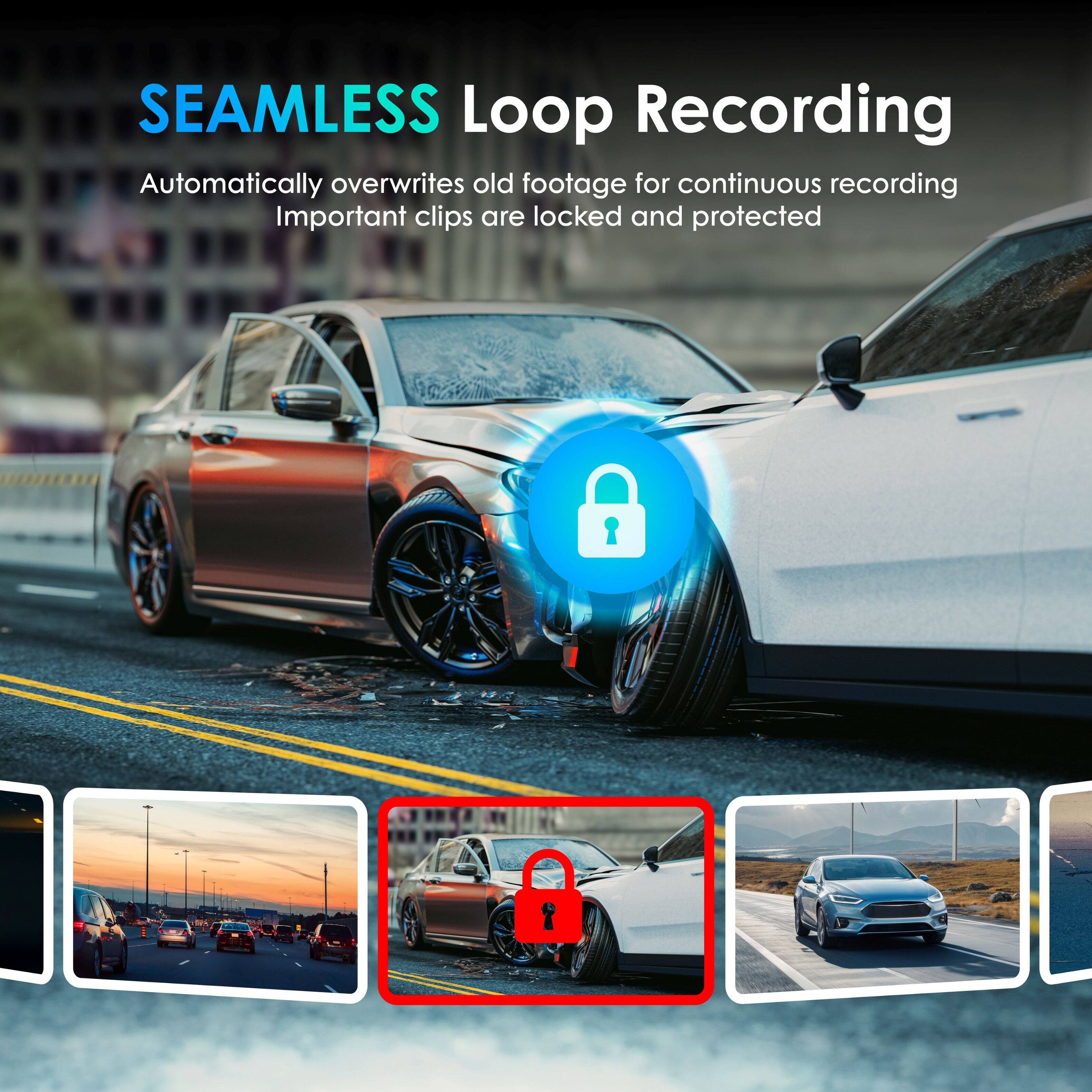 SEAMLESS Loop Recording  
Automatically overwrites old footage for continuous recording  
Important clips are locked and protected