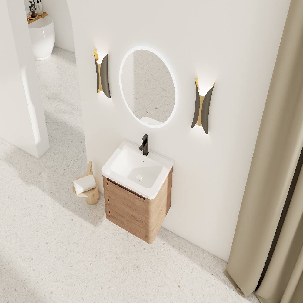 Alt View 3. Loheer - Loheer 24 inch wall mounted bathroom vanity with white ceramic sink and soft close door - Imitative Oak.