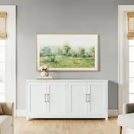 Martha Stewart - Wooden 4-Door TV Stand-Adjustable Shelves-Solid Wood Frame/Legs - White Frame/Gold Hardware