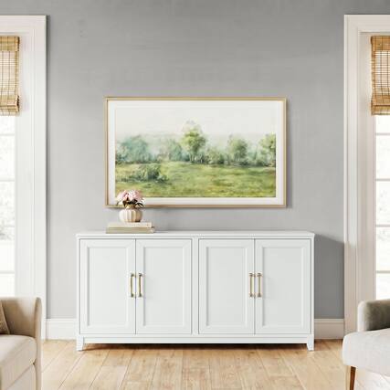 Front. Martha Stewart - Wooden 4-Door TV Stand-Adjustable Shelves-Solid Wood Frame/Legs - White Frame/Gold Hardware.