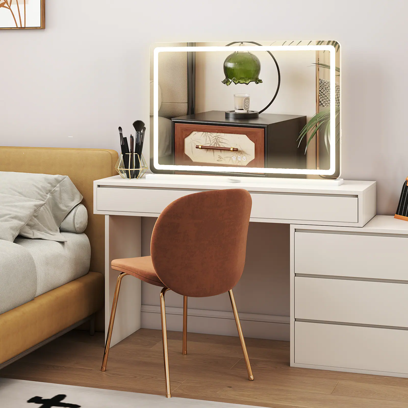 Angle. Anysun - 32" x 22" LED Vanity Mirror with Lights - Dimmable 3-Color Modes, Touch Control, Square White Desk Mirror.