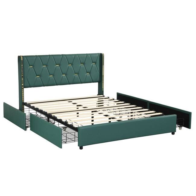 Angle. Hivvago - Hivvago Full Size Linen Headboard 4 Drawer Storage Platform Bed - Green/Gold.