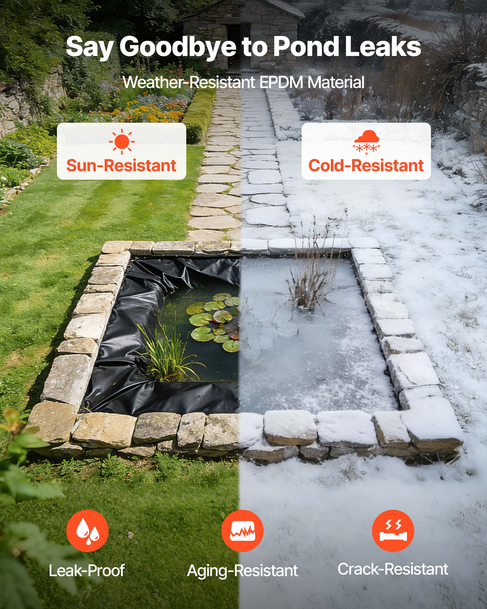 Say Goodbye to Pond Leaks  
Weather-Resistant EPDM Material  

- Sun-Resistant  
- Cold-Resistant  

- Leak-Proof  
- Aging-Resistant  
- Crack-Resistant