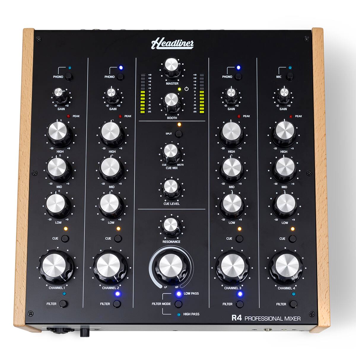 Headliner PHONO - GAIN . PEAK PHONO   GAIN PEAK - - - - + - a . - a MASTER BOOTH - - - - . a - a - - i PHONO  GAIN PEAK MIC 1 GAIN PEAK AUT HGH 4 HIGH - HIGH HIGH a - MTR CUE MEX - MD .. MID MID a MID 1S CUE LEVEL -- LOW a m LOW  LOW LOW a CUE CUE RESONANCE CUE CLE CHANNEL CHANNEL 2 LOW PASS CHANNEL 3 CHANNEL FILTER FILTER FILTER MODE FILTER FILTER 1 HIGH PASS R4 PROFESSIONAL MIXER